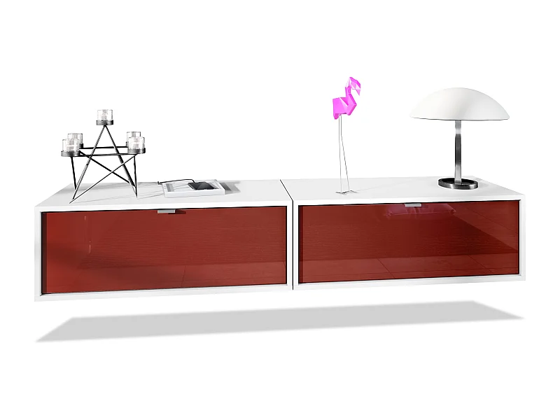 Set de 2 muebles televisor colgantes Lana 80, cada parte del set mide 80 x 29 x 37 cm, cuerpo en Blanco mate, frentes en Burdeos de alto brillo