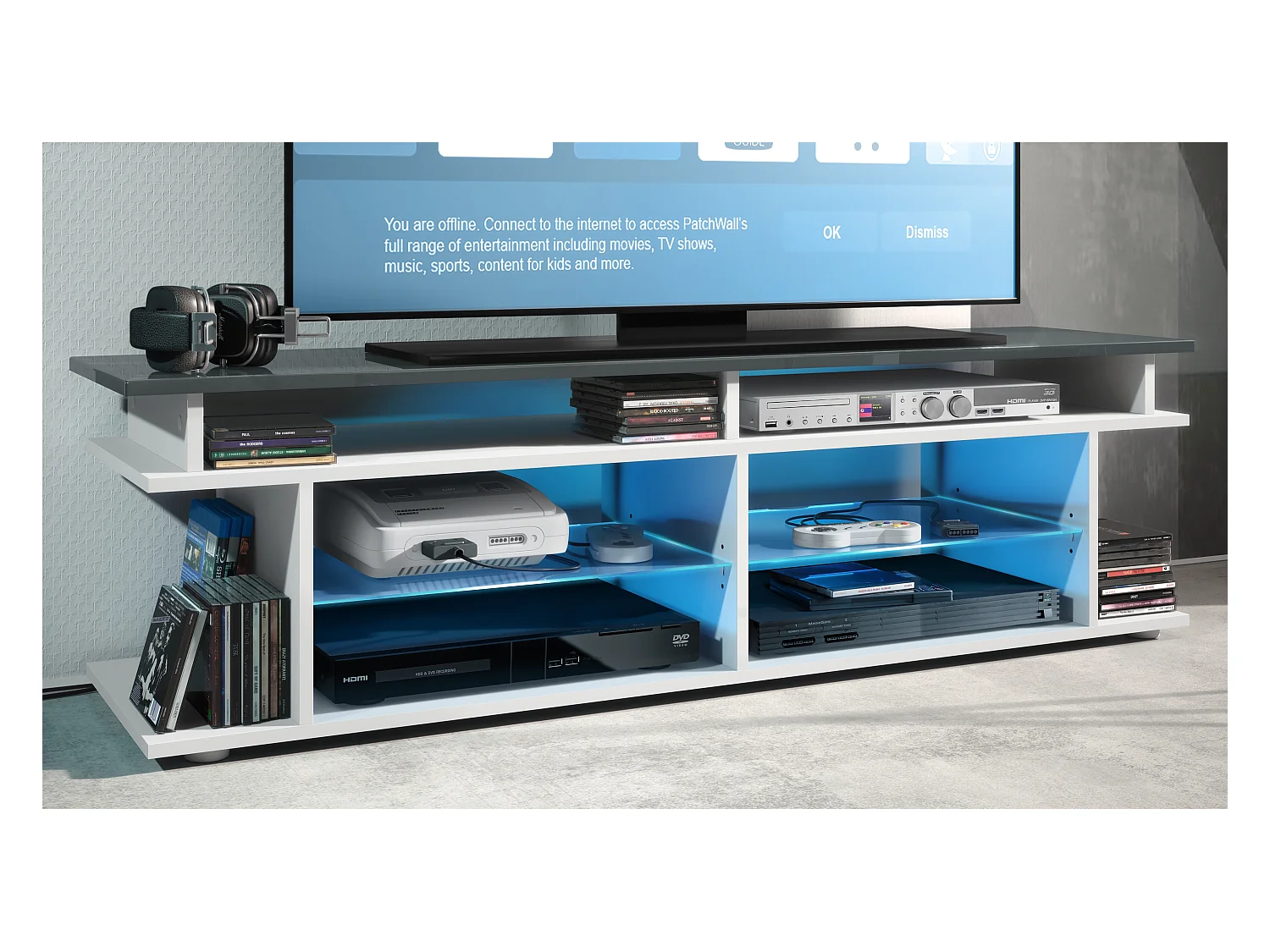 TV Board Movie V3 Game On 138,5 x 39 x 37,5 cm éclairage LED inclus Blanc, caisson en blanc mat, élément supérieur en gris haute brillance