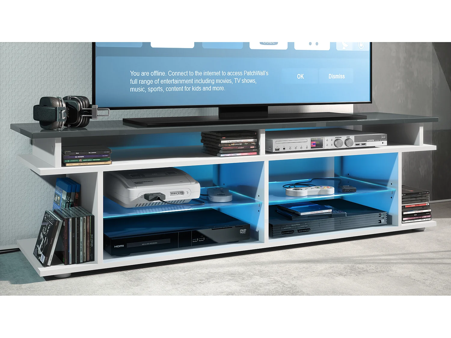 TV Board Movie V3 Game On 138,5 x 39 x 37,5 cm éclairage LED inclus Blanc, caisson en blanc mat, élément supérieur en gris haute brillance