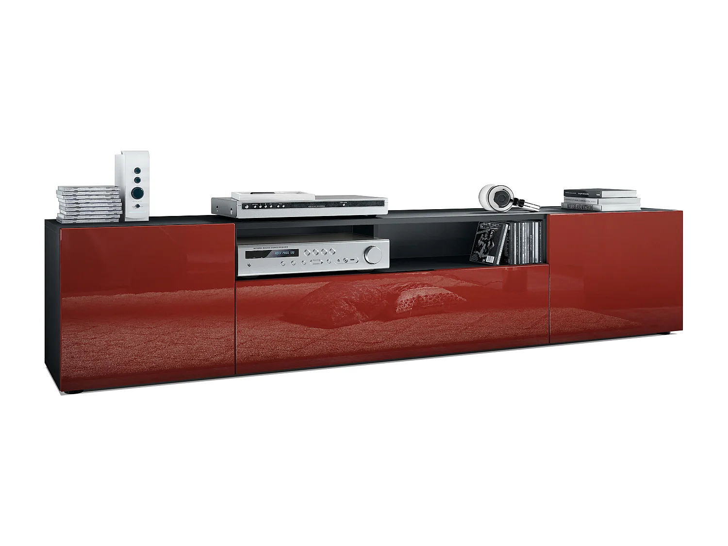 Buffet bas Mogan, Meuble TV avec 2 portes, 1 clapet et 1 compartiment ouvert, Noir mat/Bordeaux haute brillance (181 x 39 x 35 cm)