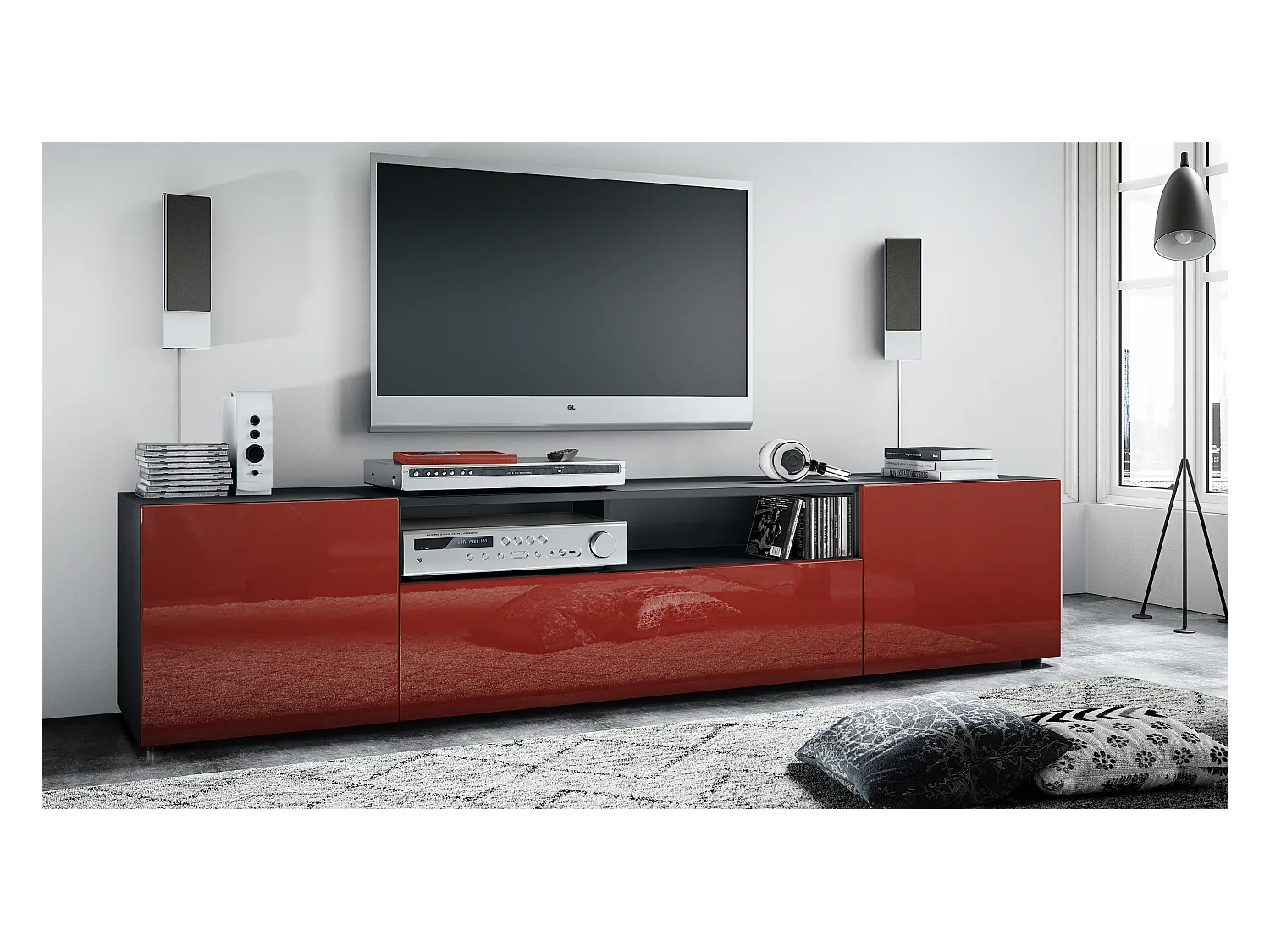 Buffet bas Mogan, Meuble TV avec 2 portes, 1 clapet et 1 compartiment ouvert, Noir mat/Bordeaux haute brillance (181 x 39 x 35 cm)