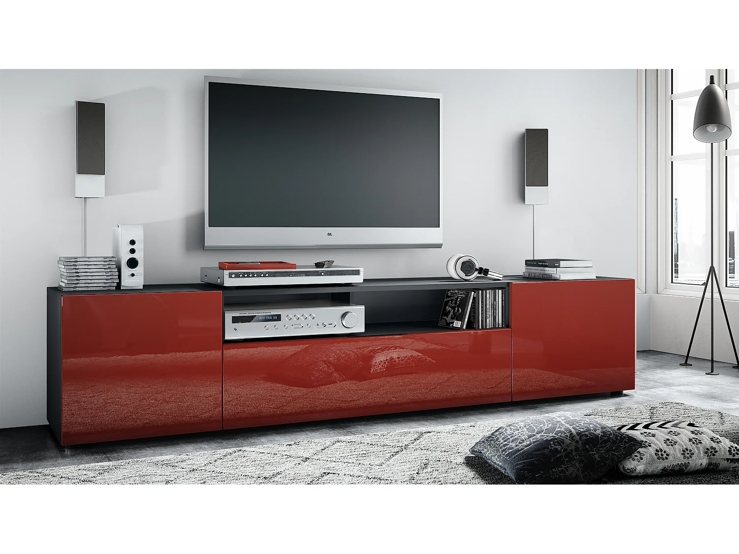 Buffet bas Mogan, Meuble TV avec 2 portes, 1 clapet et 1 compartiment ouvert, Noir mat/Bordeaux haute brillance (181 x 39 x 35 cm)