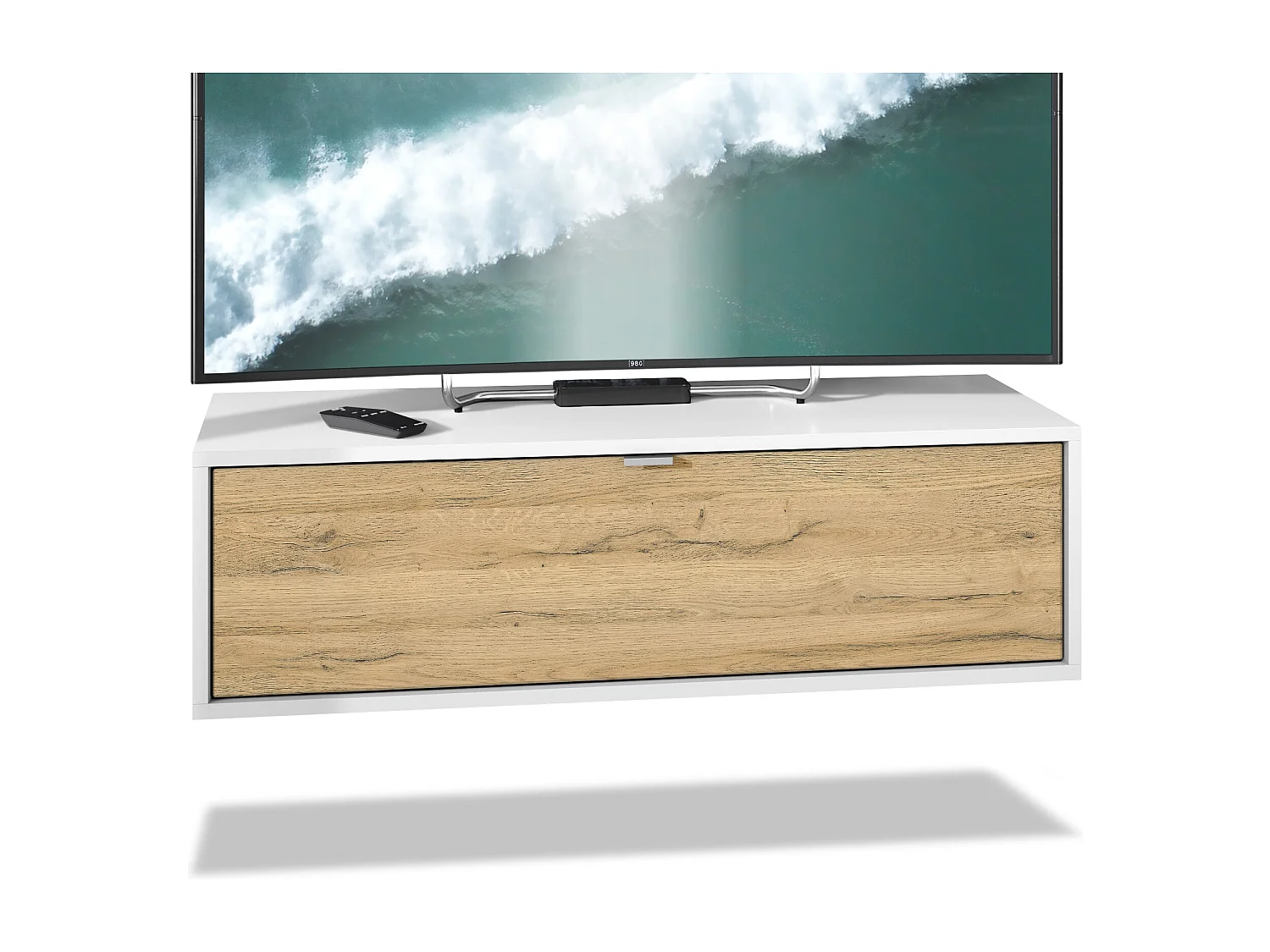 Meuble TV Lana 100 armoire murale lowboard 100 x 29 x 37 cm, caisson en Blanc mat, façades en Chêne Nature | Grand choix de couleurs