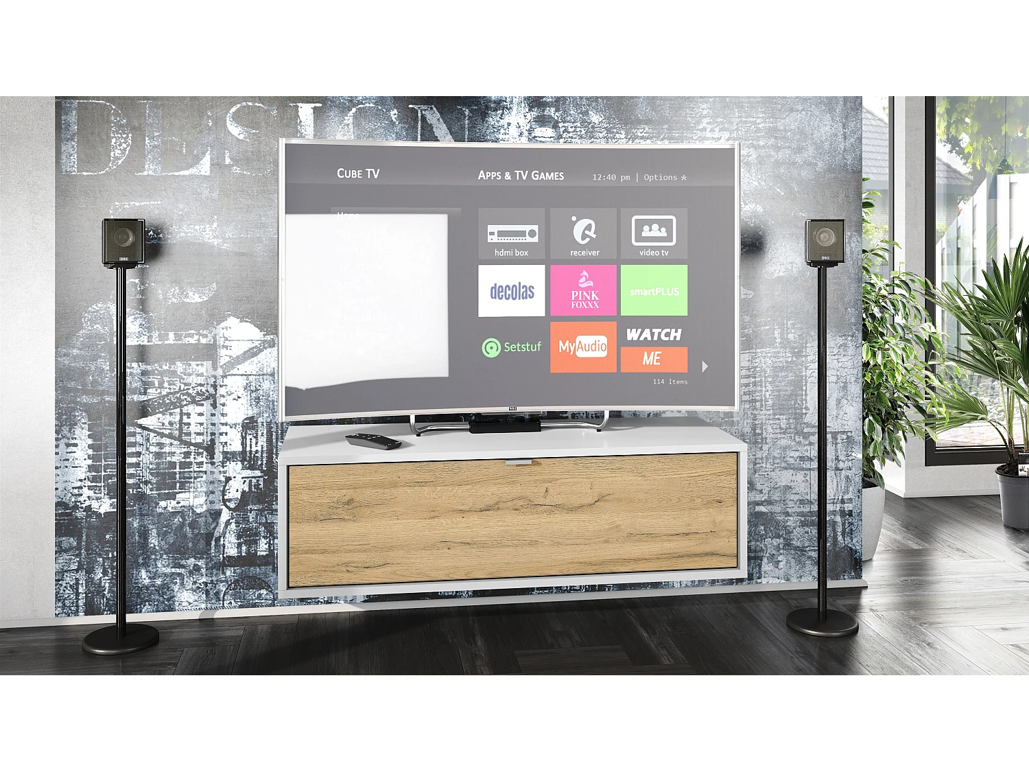 Meuble TV Lana 100 armoire murale lowboard 100 x 29 x 37 cm, caisson en Blanc mat, façades en Chêne Nature | Grand choix de couleurs