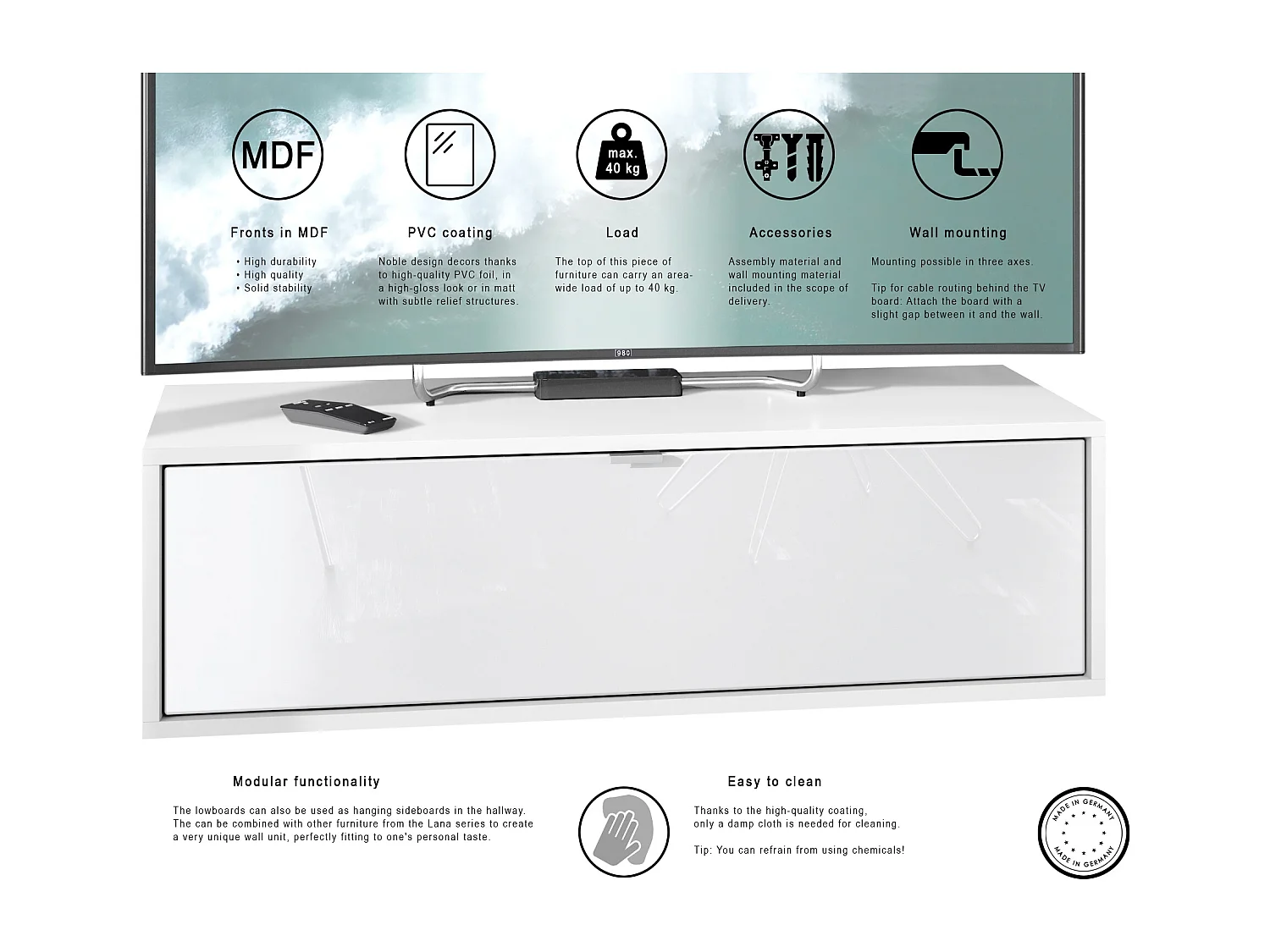 Meuble TV Lana 100 armoire murale lowboard 100 x 29 x 37 cm, caisson en Blanc mat, façades en Chêne Nature | Grand choix de couleurs