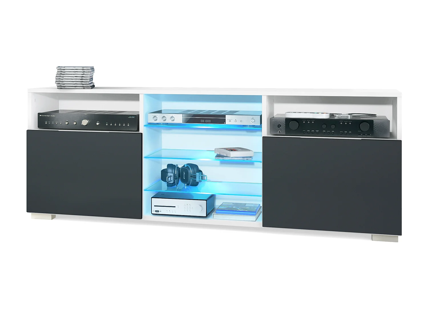 Meuble TV Granada, Lowboard avec 2 portes et 6 compartiments ouverts, corps blanc mat, façades en noir mat avec éclairage LED RVB (146 x 54 x 35 cm)