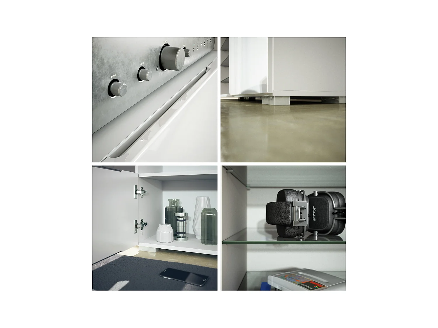 Meuble TV Granada, Lowboard avec 2 portes et 6 compartiments ouverts, corps blanc mat, façades en noir mat avec éclairage LED RVB (146 x 54 x 35 cm)