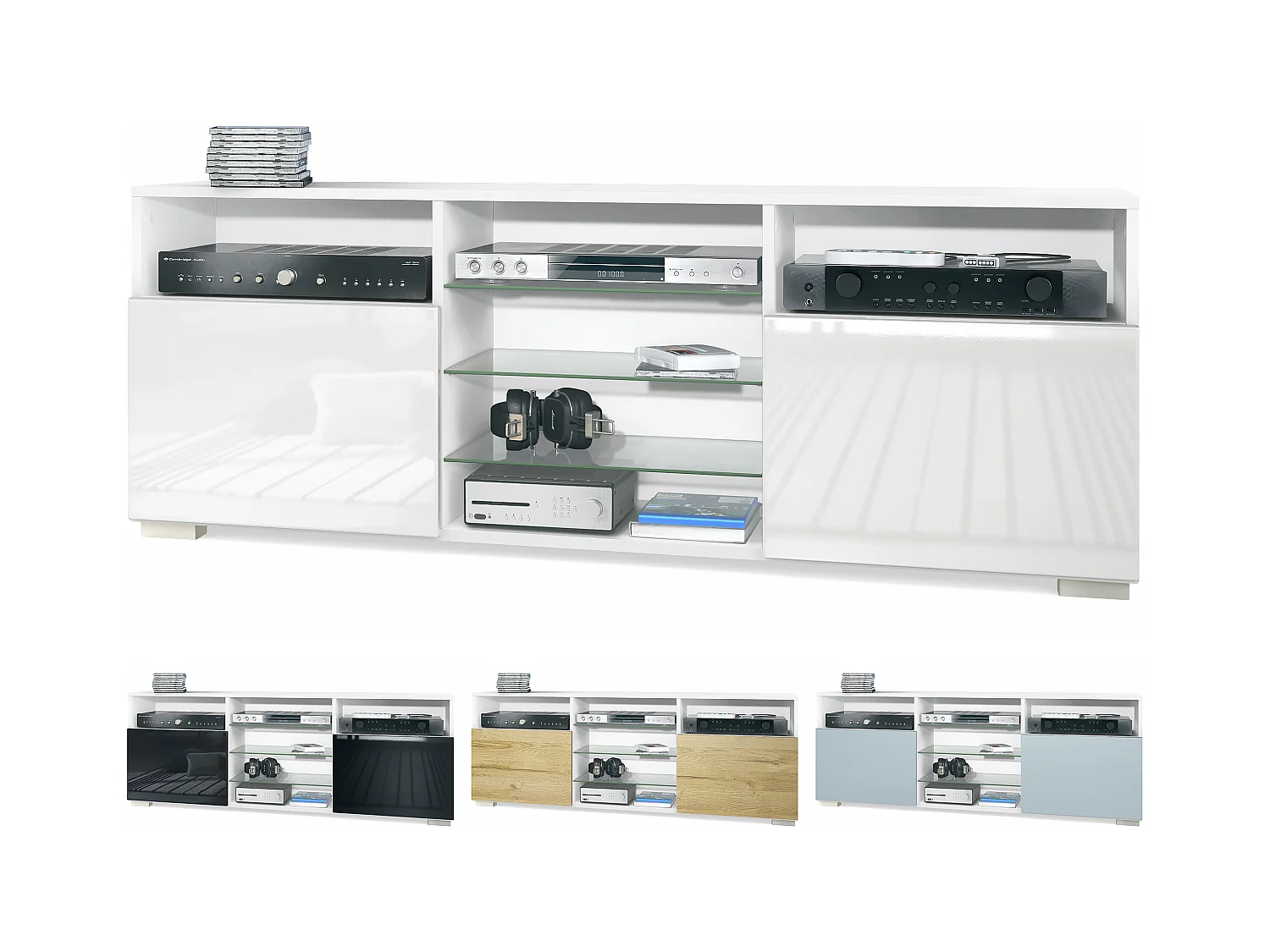 Meuble TV Granada, Lowboard avec 2 portes et 6 compartiments ouverts, corps blanc mat, façades en noir mat avec éclairage LED RVB (146 x 54 x 35 cm)