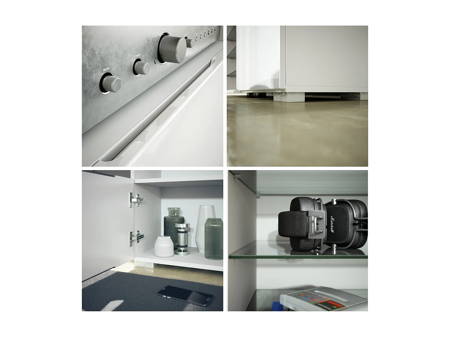 Meuble TV Granada, Lowboard avec 2 portes et 6 compartiments ouverts, corps blanc mat, façades en noir mat avec éclairage LED RVB (146 x 54 x 35 cm)