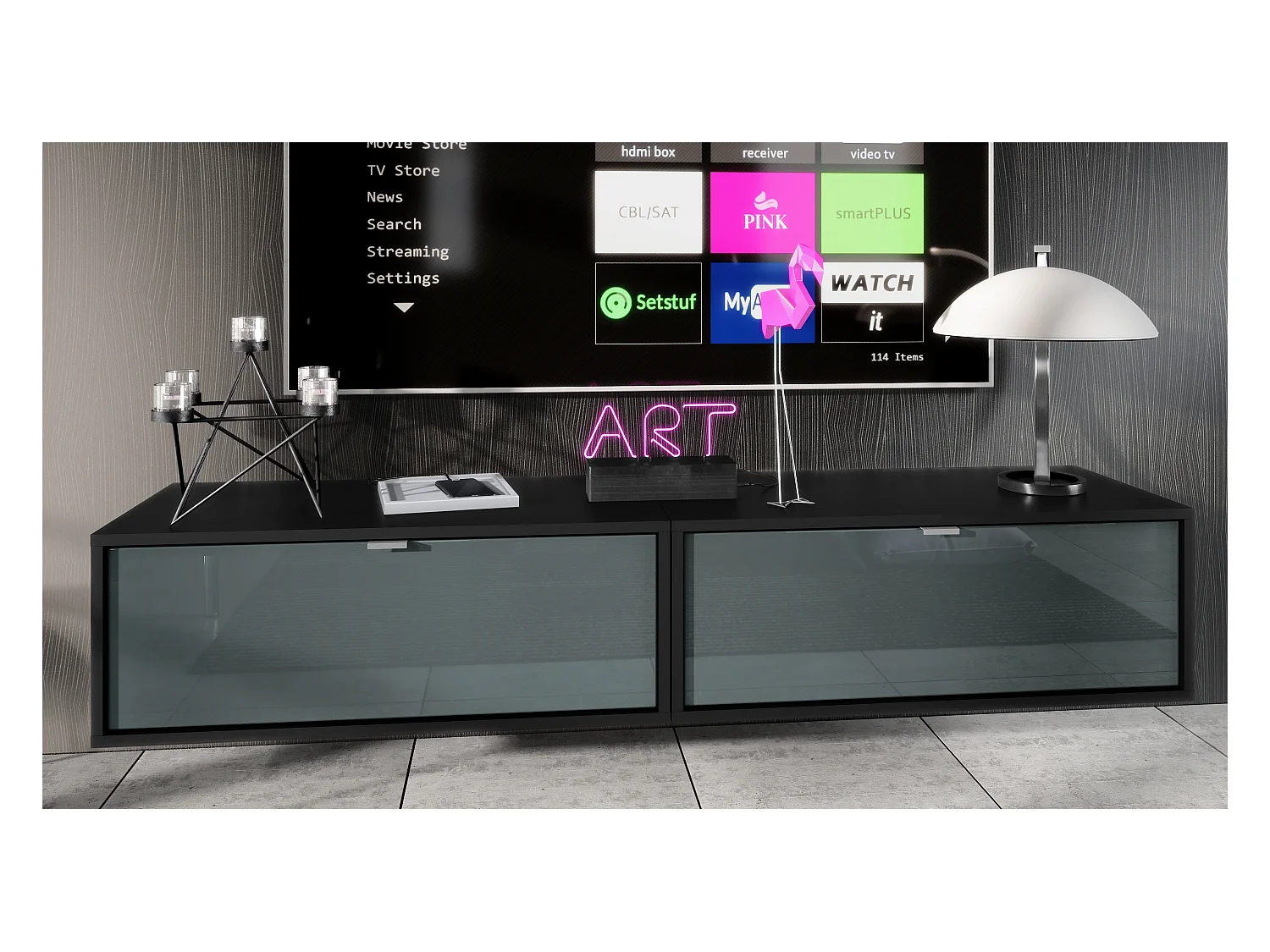 Ensemble de 2 set meuble TV Lana 80, lowboards de 80 x 29 x 37 cm chacun avec beaucoup d'espace de rangement, caisson en Noir mat, façades en Gris haute brillance