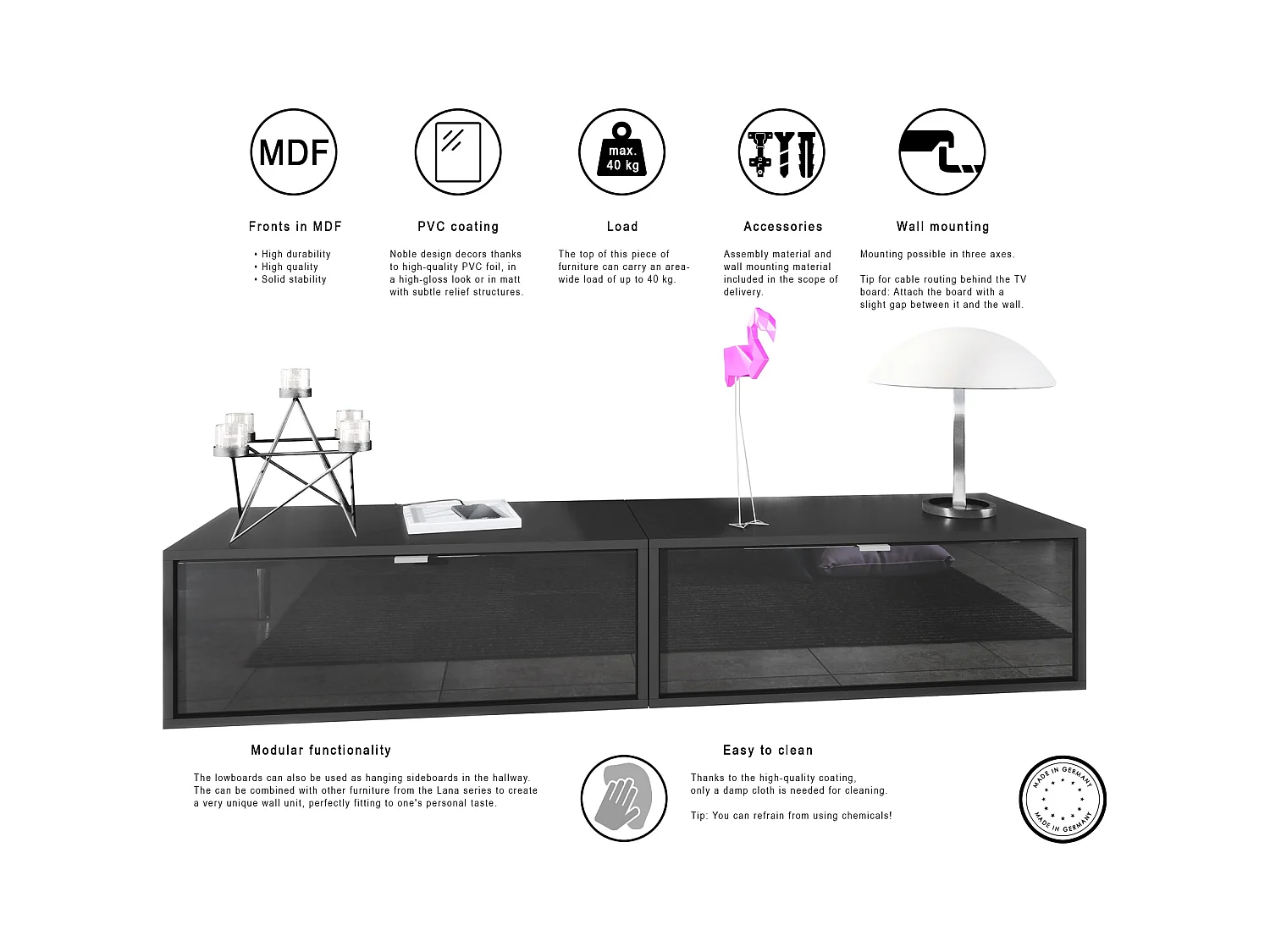 Ensemble de 2 set meuble TV Lana 80, lowboards de 80 x 29 x 37 cm chacun avec beaucoup d'espace de rangement, caisson en Noir mat, façades en Gris haute brillance