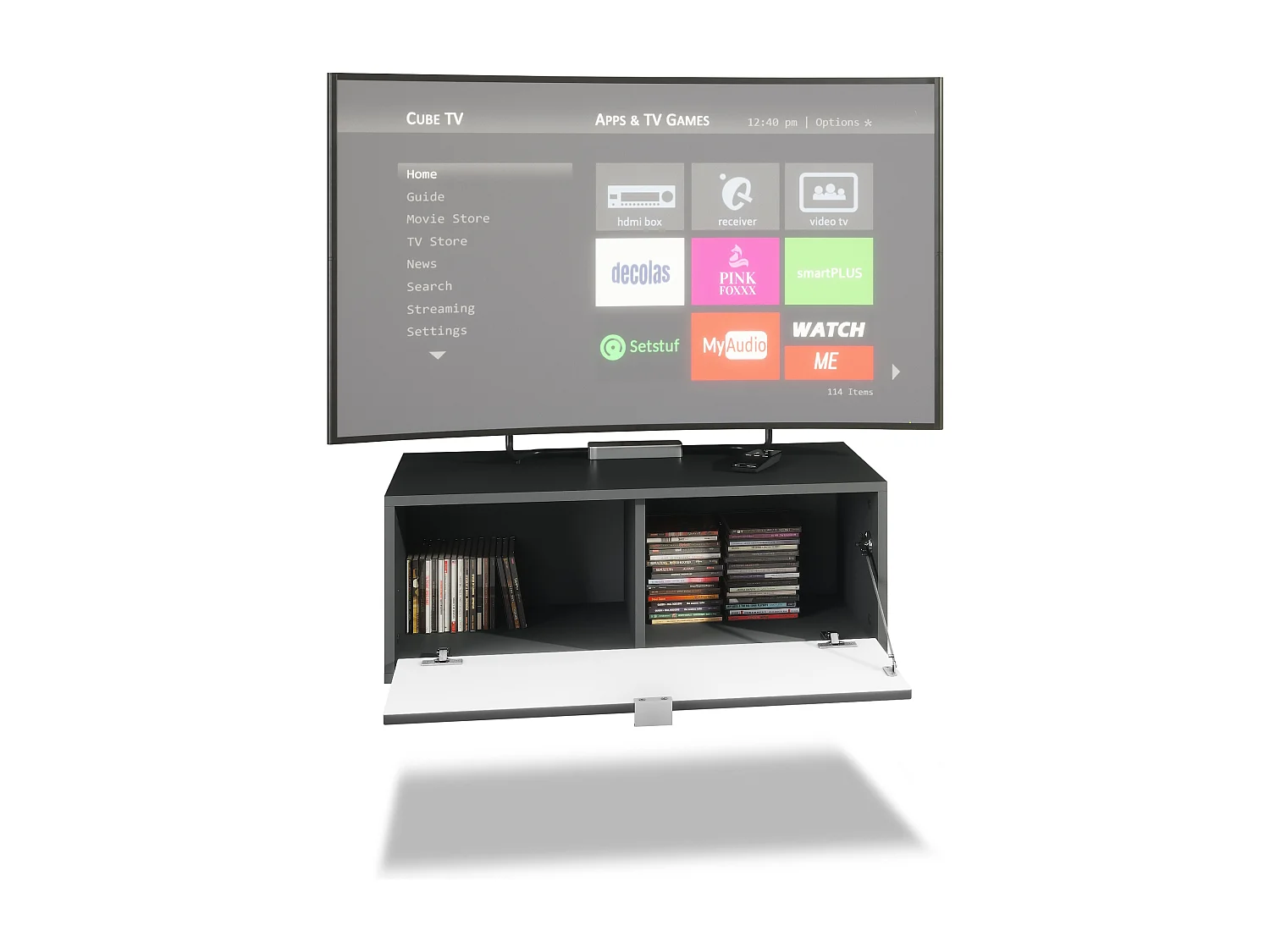 Ensemble de 2 set meuble TV Lana 80, lowboards de 80 x 29 x 37 cm chacun avec beaucoup d'espace de rangement, caisson en Noir mat, façades en Gris haute brillance