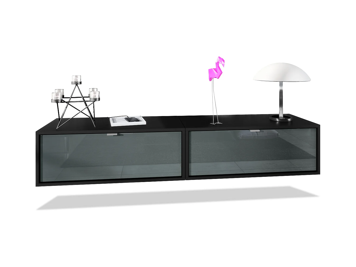 Ensemble de 2 set meuble TV Lana 80, lowboards de 80 x 29 x 37 cm chacun avec beaucoup d'espace de rangement, caisson en Noir mat, façades en Gris haute brillance
