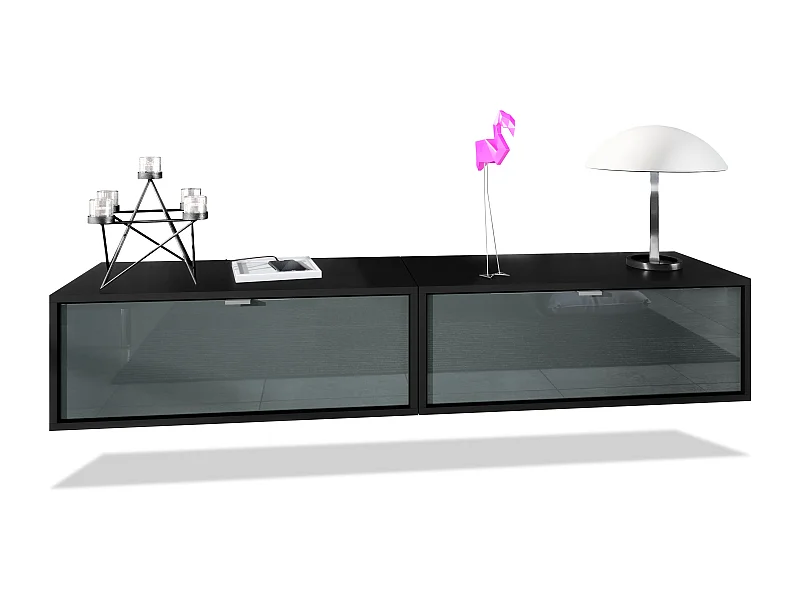 Ensemble de 2 set meuble TV Lana 80, lowboards de 80 x 29 x 37 cm chacun avec beaucoup d'espace de rangement, caisson en Noir mat, façades en Gris haute brillance