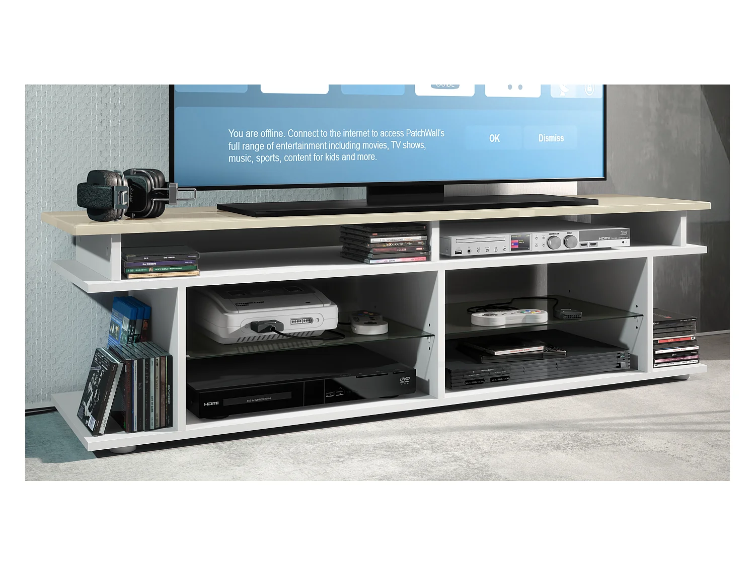 TV Board Movie V3 Game On 138,5 x 39 x 37,5 cm , caisson en blanc mat, élément supérieur en crème haute brillance