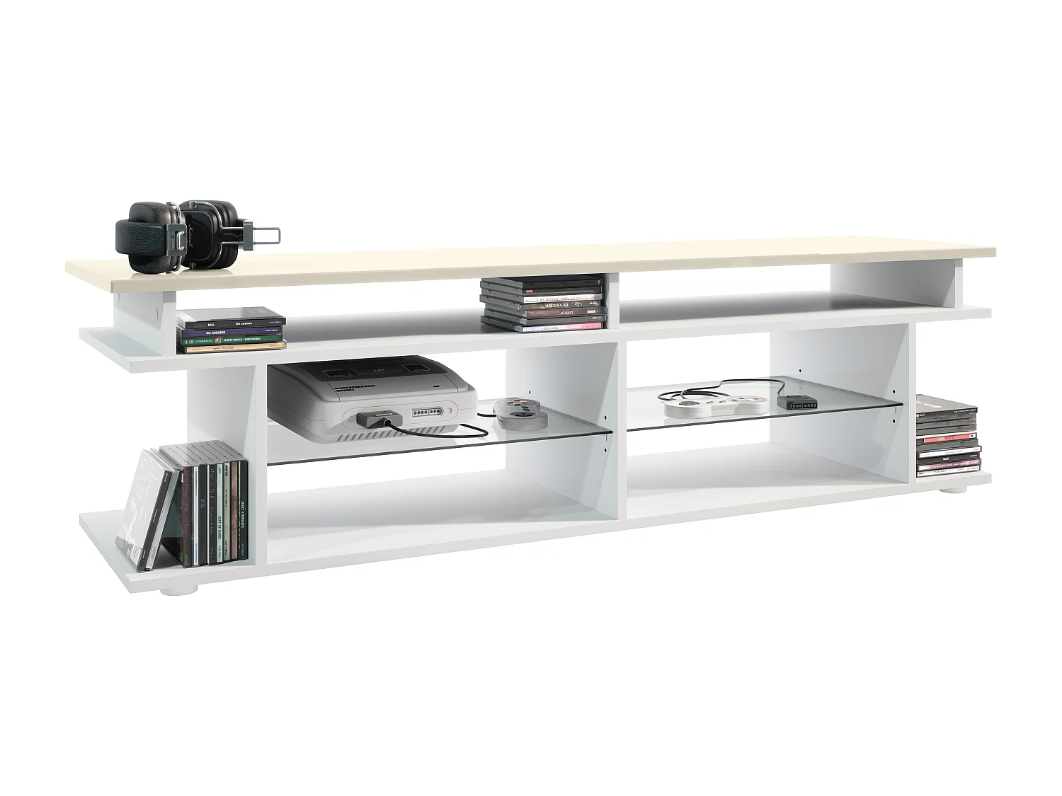 TV Board Movie V3 Game On 138,5 x 39 x 37,5 cm , caisson en blanc mat, élément supérieur en crème haute brillance