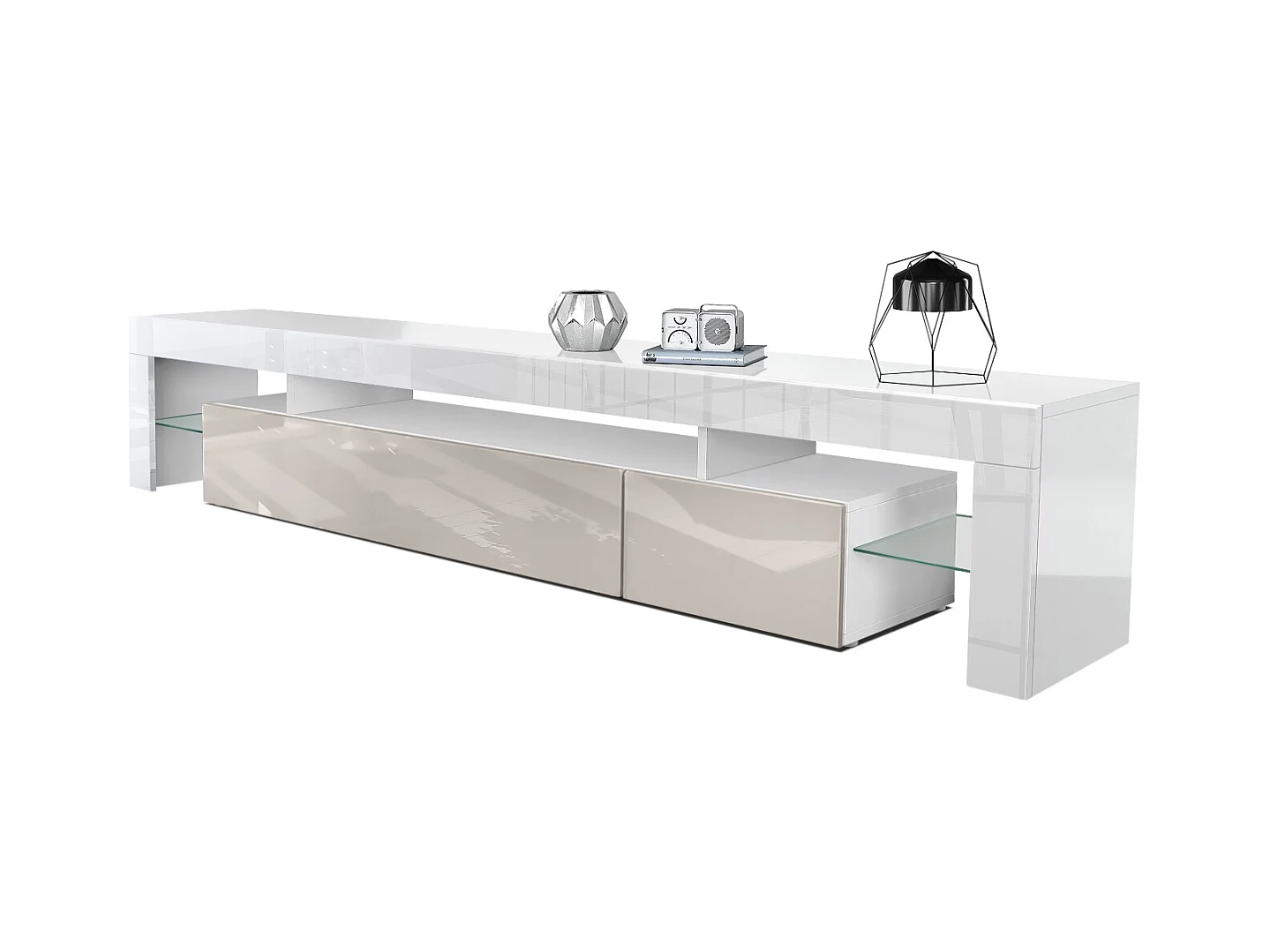 Buffet bas Lima V2, Meuble TV avec 2 clapets, 1 compartiment ouvert et 2 étagères en verre, Blanc brillant/Gris sable haute brillance (189 x 38 x 35 cm)
