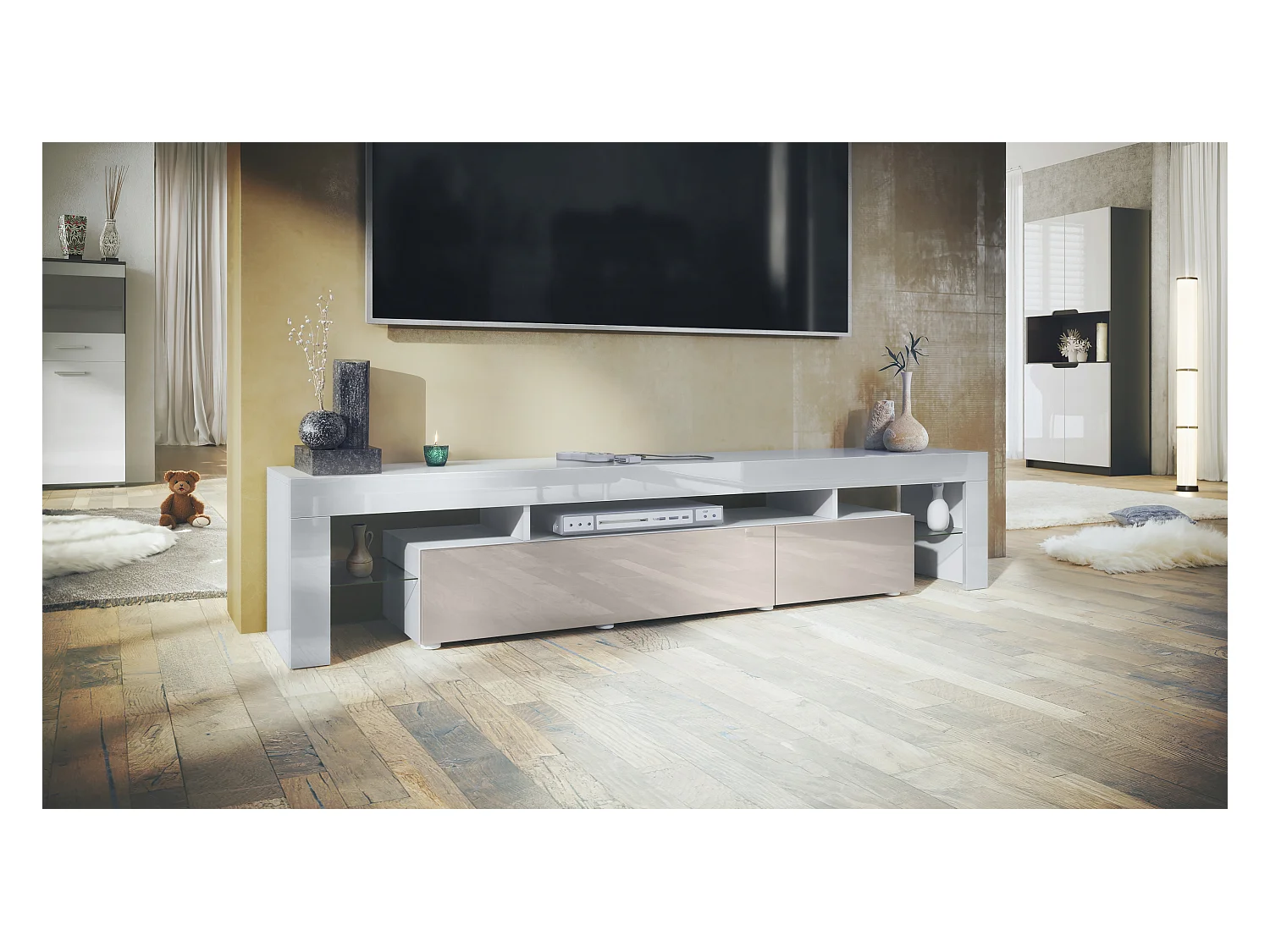 Buffet bas Lima V2, Meuble TV avec 2 clapets, 1 compartiment ouvert et 2 étagères en verre, Blanc brillant/Gris sable haute brillance (189 x 38 x 35 cm)