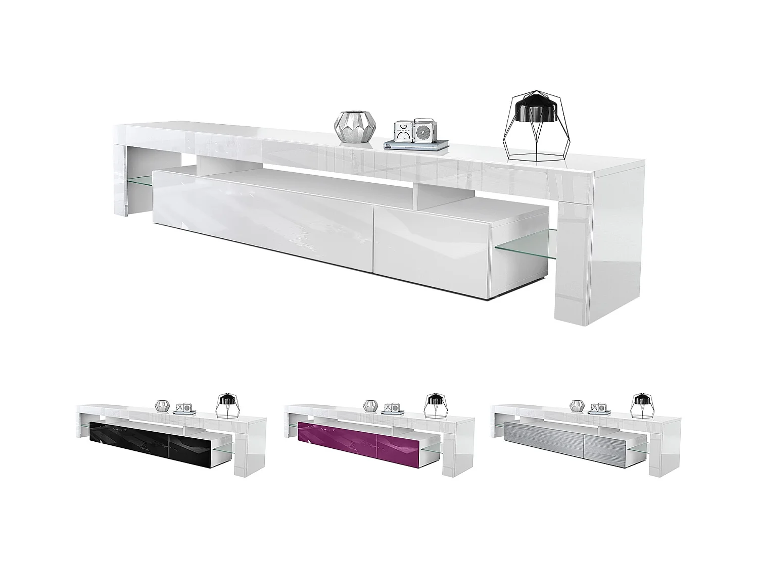 Buffet bas Lima V2, Meuble TV avec 2 clapets, 1 compartiment ouvert et 2 étagères en verre, Blanc brillant/Gris sable haute brillance (189 x 38 x 35 cm)