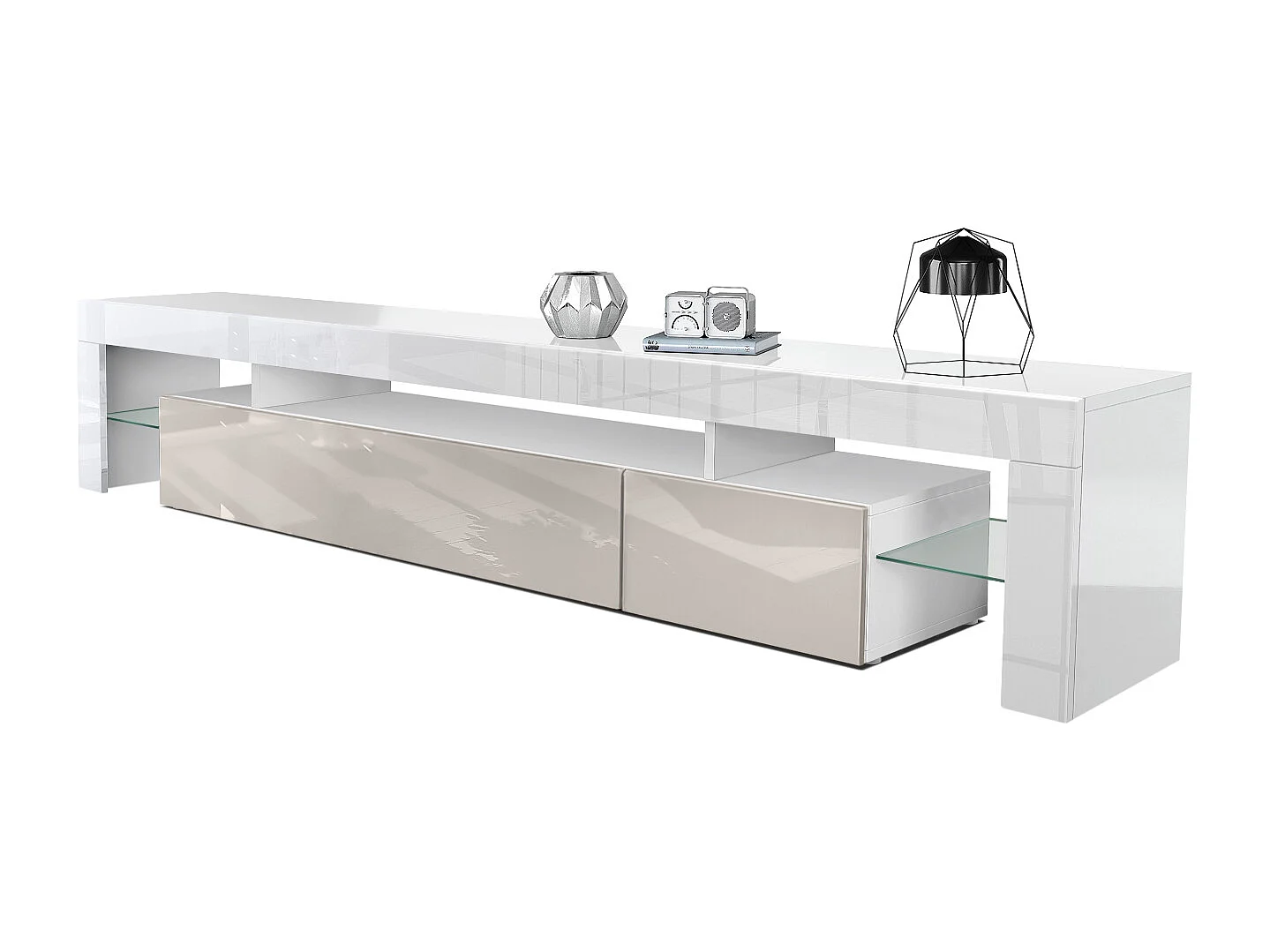 Buffet bas Lima V2, Meuble TV avec 2 clapets, 1 compartiment ouvert et 2 étagères en verre, Blanc brillant/Gris sable haute brillance (189 x 38 x 35 cm)