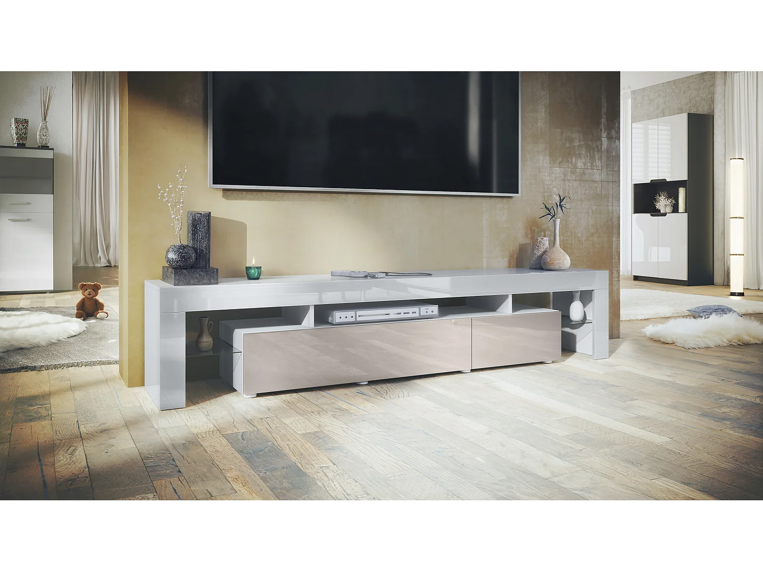 Buffet bas Lima V2, Meuble TV avec 2 clapets, 1 compartiment ouvert et 2 étagères en verre, Blanc brillant/Gris sable haute brillance (189 x 38 x 35 cm)
