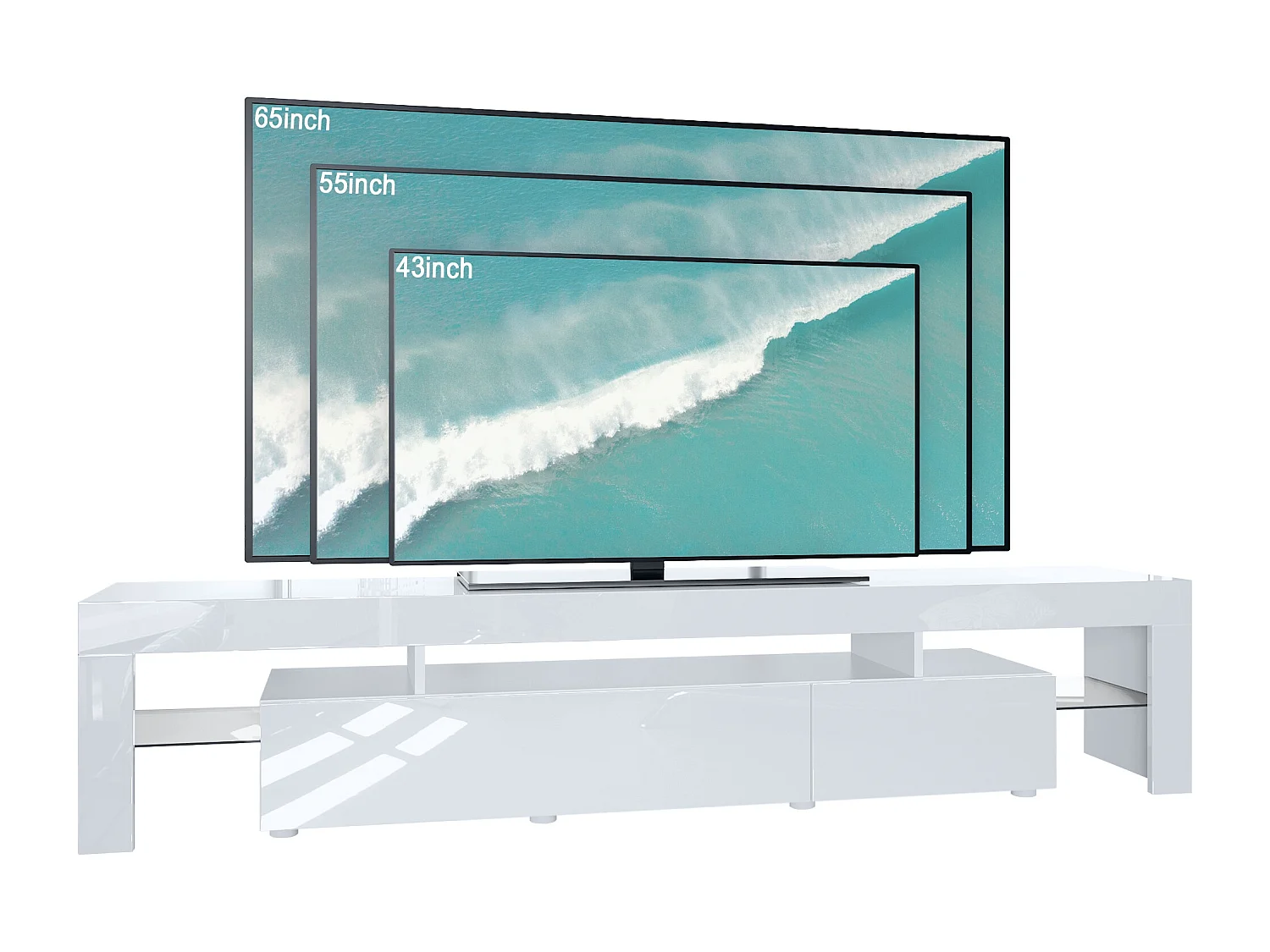 Buffet bas Lima V2, Meuble TV avec 2 clapets, 1 compartiment ouvert et 2 étagères en verre, Blanc brillant/Gris sable haute brillance (189 x 38 x 35 cm)