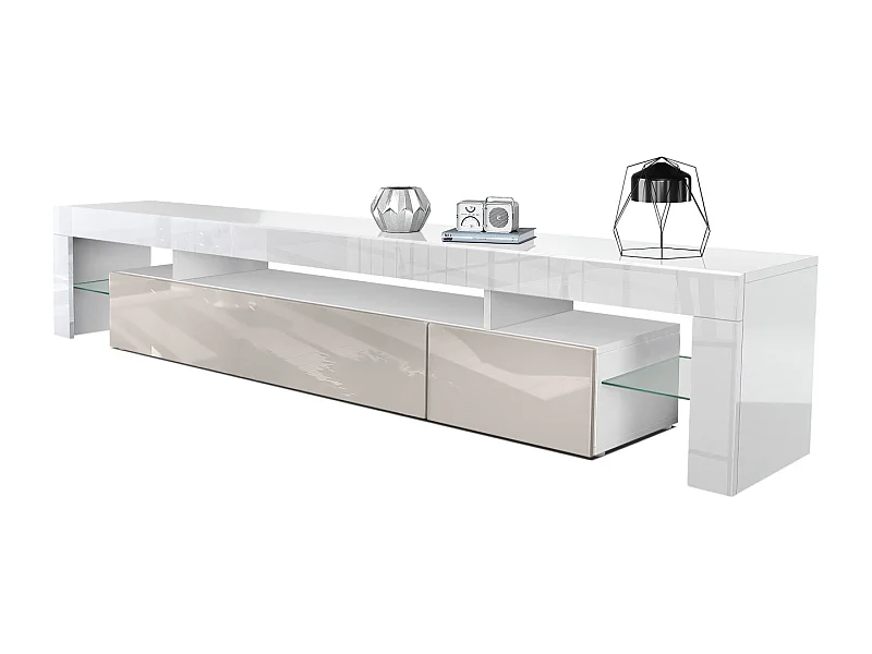 Buffet bas Lima V2, Meuble TV avec 2 clapets, 1 compartiment ouvert et 2 étagères en verre, Blanc brillant/Gris sable haute brillance (189 x 38 x 35 cm)