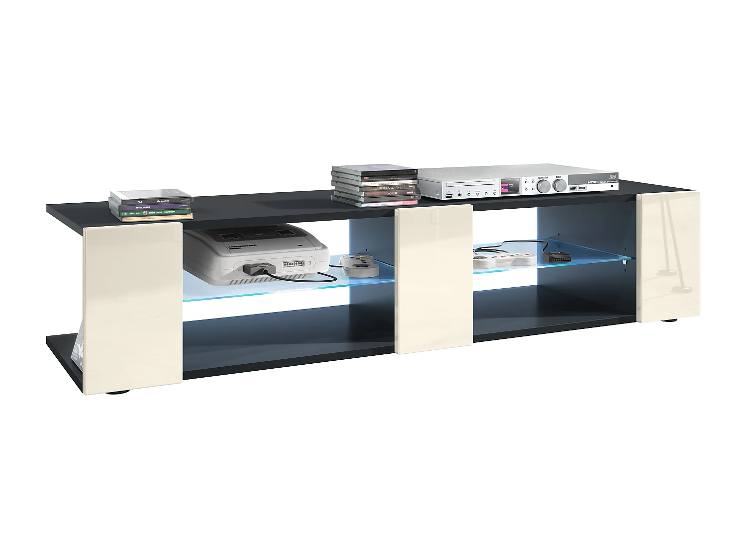 Buffet bas Movie V2, Meuble TV avec 6 compartiments ouverts et placages décoratifs, Noir mat/Crème brillant, éclairage LED bleu inclus (134 x 29 x 39 cm)