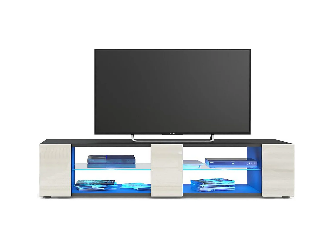 Buffet bas Movie V2, Meuble TV avec 6 compartiments ouverts et placages décoratifs, Noir mat/Crème brillant, éclairage LED bleu inclus (134 x 29 x 39 cm)