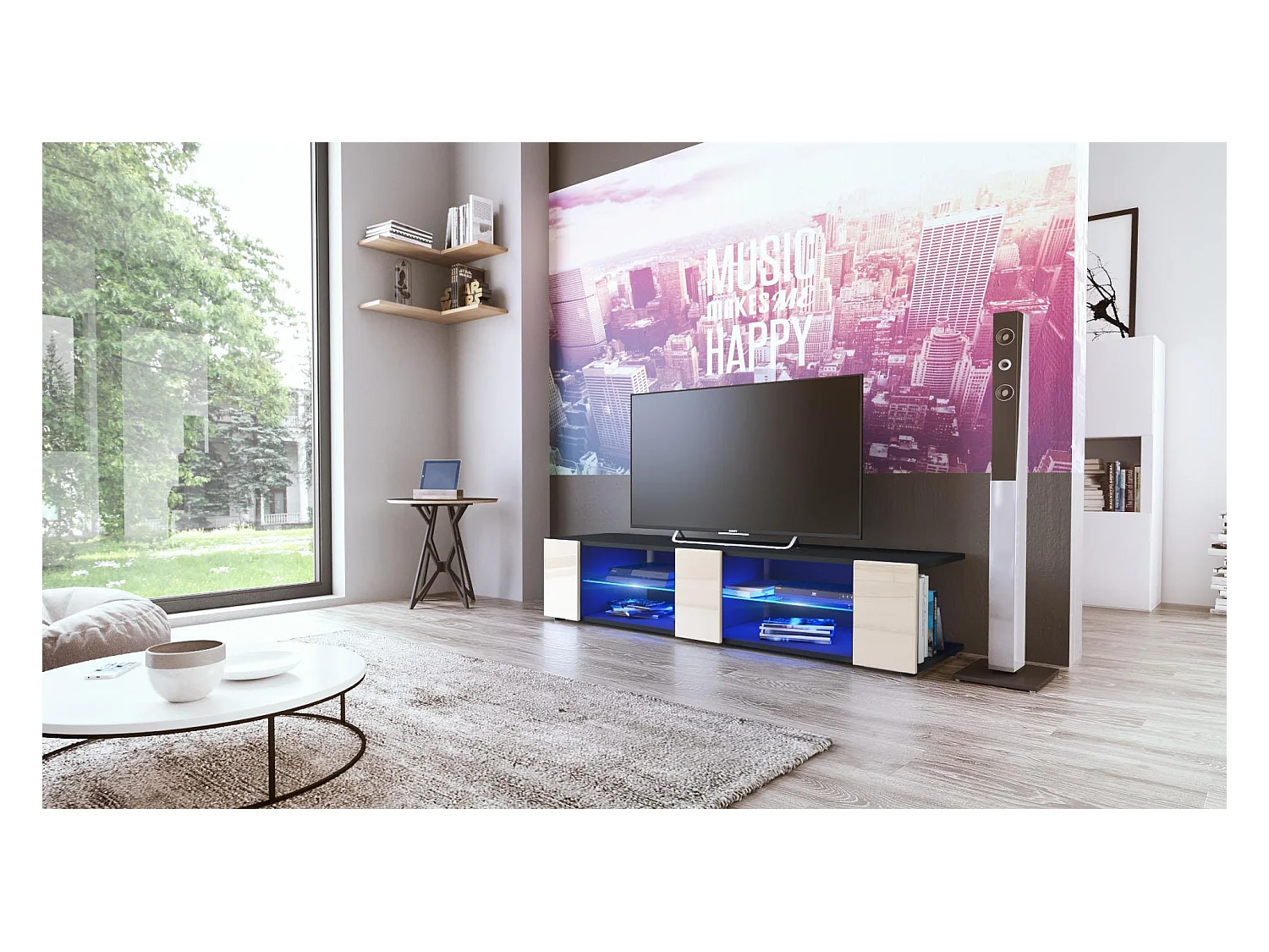 Buffet bas Movie V2, Meuble TV avec 6 compartiments ouverts et placages décoratifs, Noir mat/Crème brillant, éclairage LED bleu inclus (134 x 29 x 39 cm)
