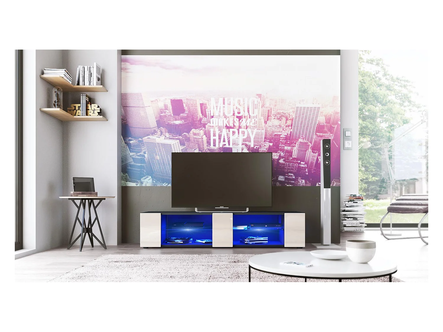 Buffet bas Movie V2, Meuble TV avec 6 compartiments ouverts et placages décoratifs, Noir mat/Crème brillant, éclairage LED bleu inclus (134 x 29 x 39 cm)