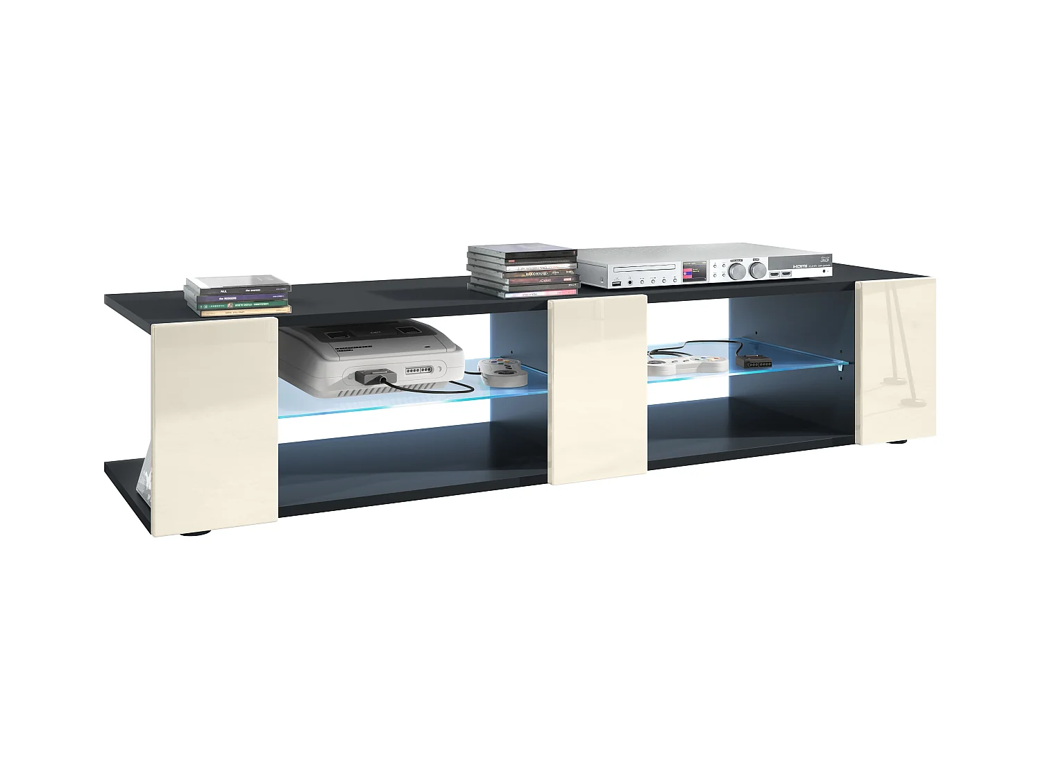 Buffet bas Movie V2, Meuble TV avec 6 compartiments ouverts et placages décoratifs, Noir mat/Crème brillant, éclairage LED bleu inclus (134 x 29 x 39 cm)