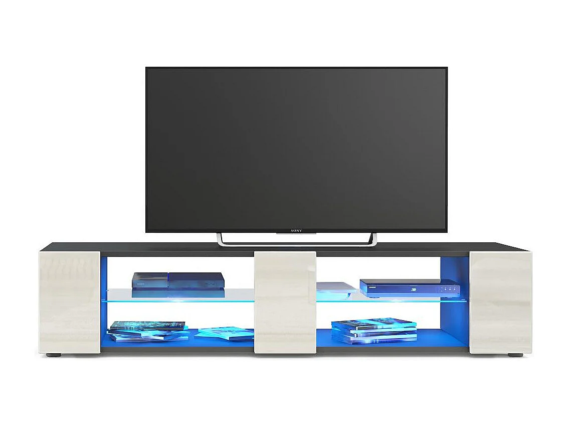 Buffet bas Movie V2, Meuble TV avec 6 compartiments ouverts et placages décoratifs, Noir mat/Crème brillant, éclairage LED bleu inclus (134 x 29 x 39 cm)
