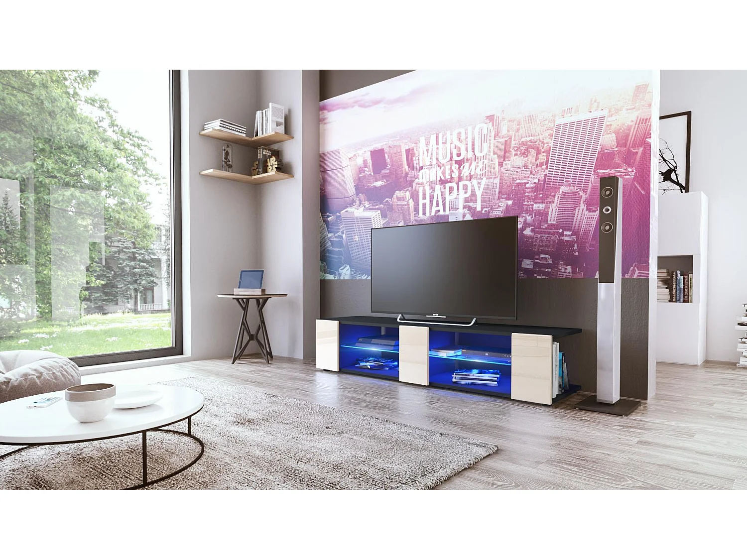 Buffet bas Movie V2, Meuble TV avec 6 compartiments ouverts et placages décoratifs, Noir mat/Crème brillant, éclairage LED bleu inclus (134 x 29 x 39 cm)