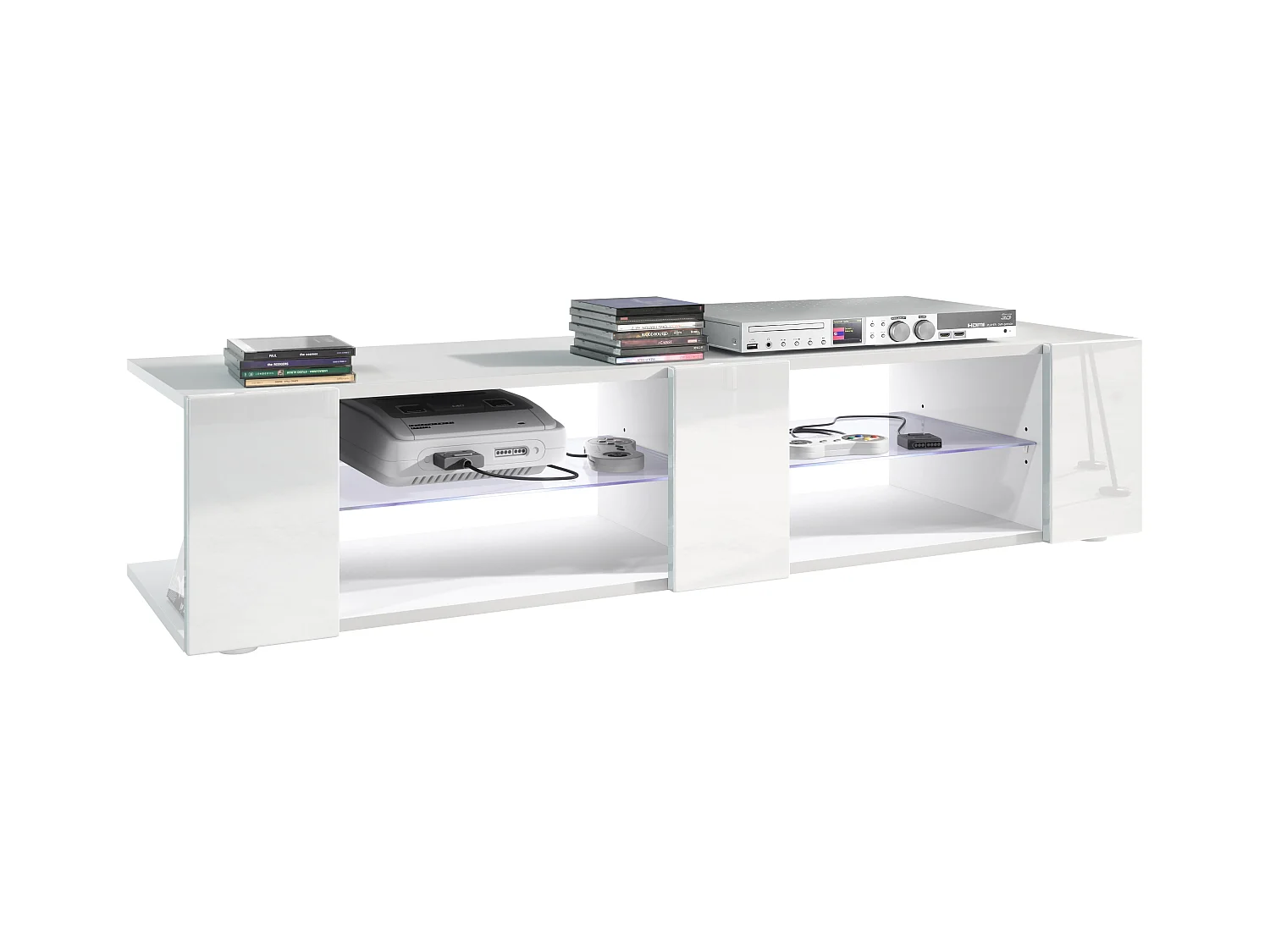 Buffet bas Movie V2, Meuble TV avec 6 compartiments ouverts et placages décoratifs, Blanc mat/Blanc brillant, éclairage LED blanc inclus (134 x 29 x 39 cm)