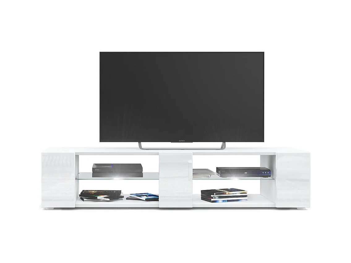 Buffet bas Movie V2, Meuble TV avec 6 compartiments ouverts et placages décoratifs, Blanc mat/Blanc brillant, éclairage LED blanc inclus (134 x 29 x 39 cm)