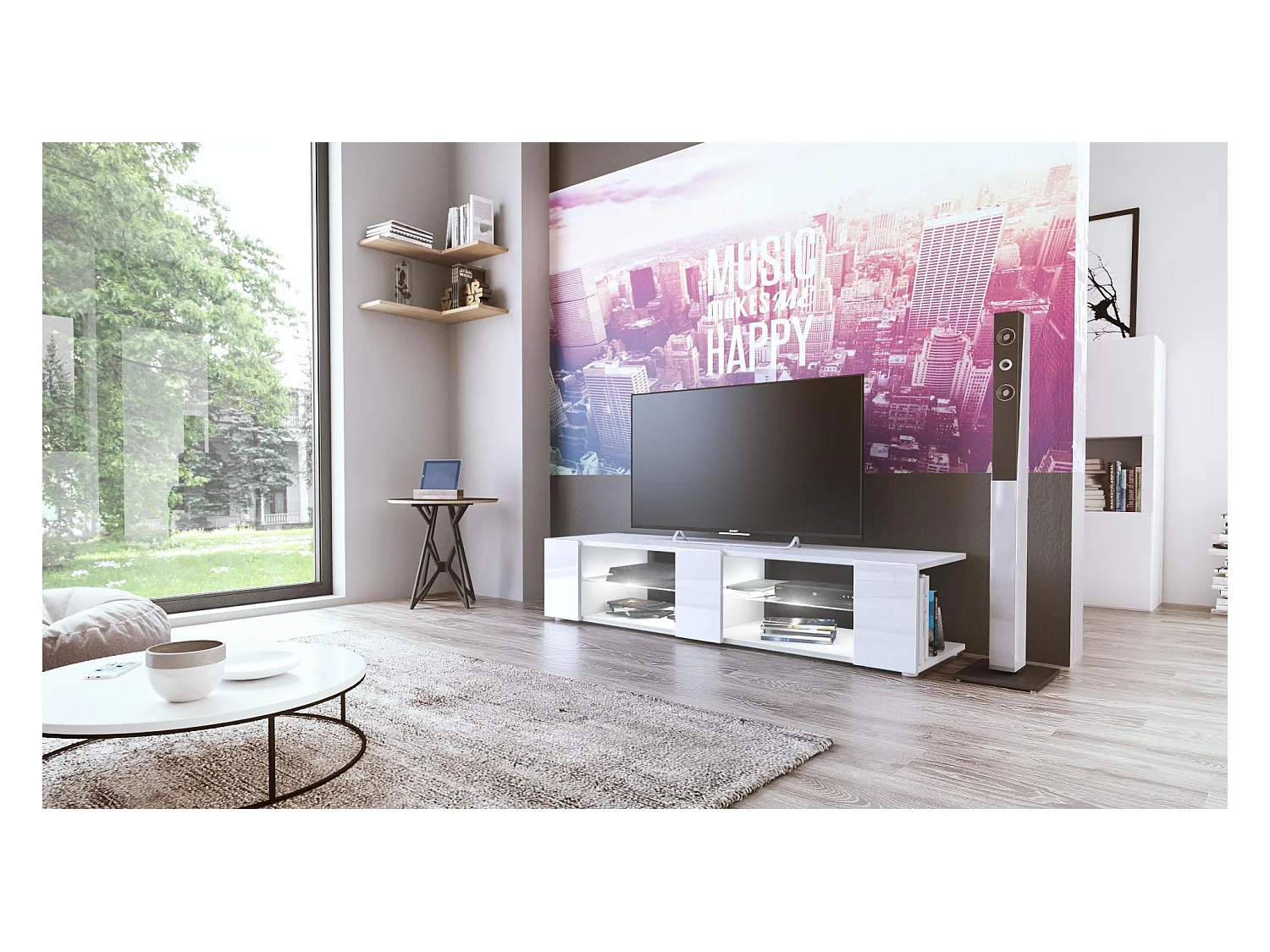 Buffet bas Movie V2, Meuble TV avec 6 compartiments ouverts et placages décoratifs, Blanc mat/Blanc brillant, éclairage LED blanc inclus (134 x 29 x 39 cm)