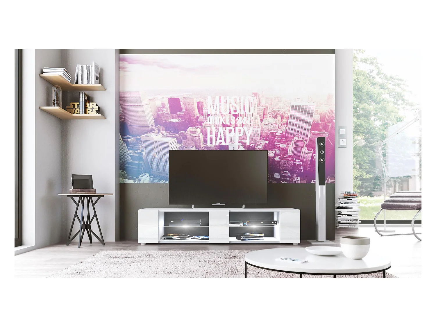 Buffet bas Movie V2, Meuble TV avec 6 compartiments ouverts et placages décoratifs, Blanc mat/Blanc brillant, éclairage LED blanc inclus (134 x 29 x 39 cm)