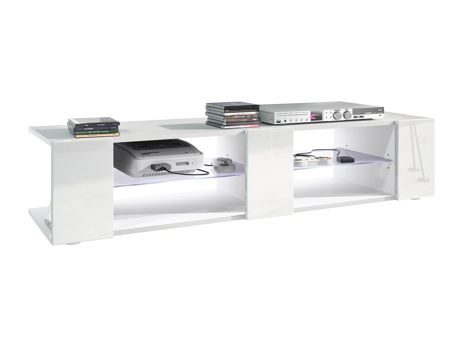 Buffet bas Movie V2, Meuble TV avec 6 compartiments ouverts et placages décoratifs, Blanc mat/Blanc brillant, éclairage LED blanc inclus (134 x 29 x 39 cm)