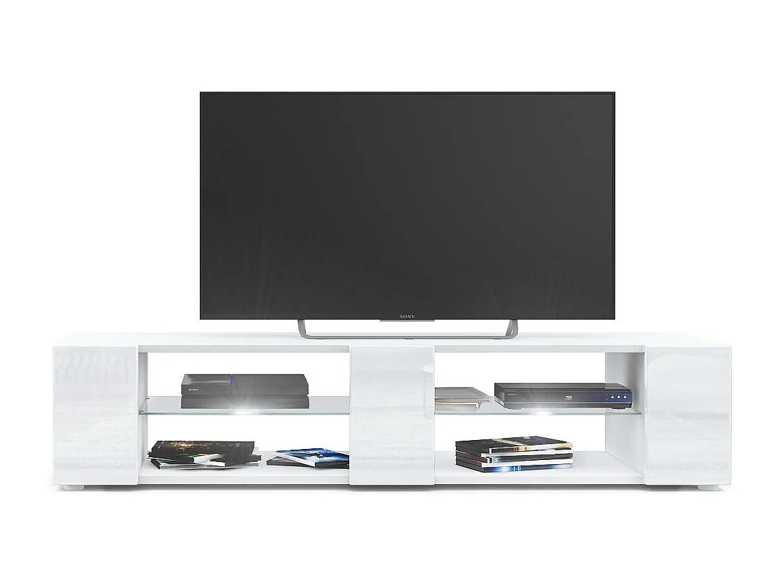 Buffet bas Movie V2, Meuble TV avec 6 compartiments ouverts et placages décoratifs, Blanc mat/Blanc brillant, éclairage LED blanc inclus (134 x 29 x 39 cm)