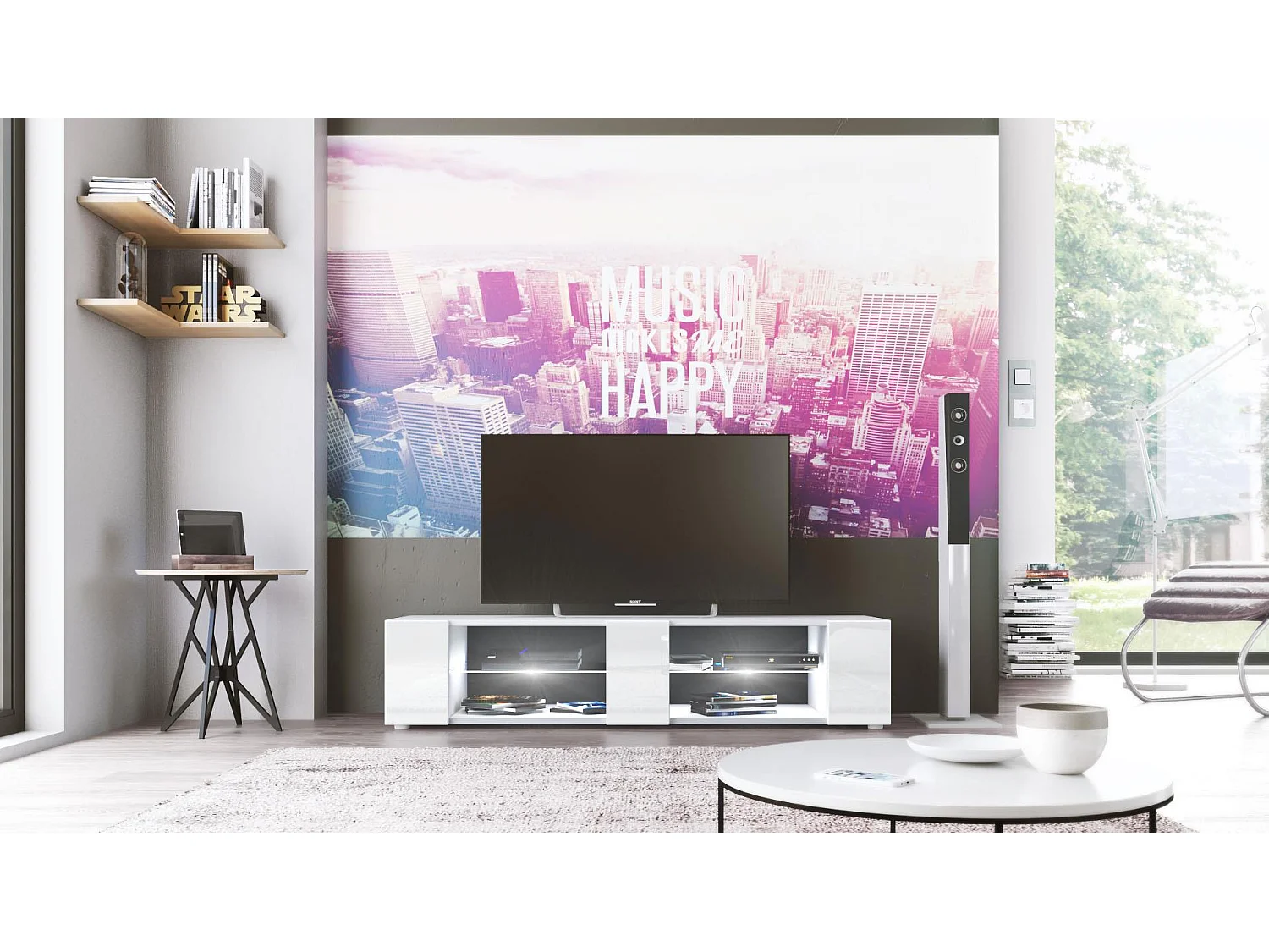 Buffet bas Movie V2, Meuble TV avec 6 compartiments ouverts et placages décoratifs, Blanc mat/Blanc brillant, éclairage LED blanc inclus (134 x 29 x 39 cm)