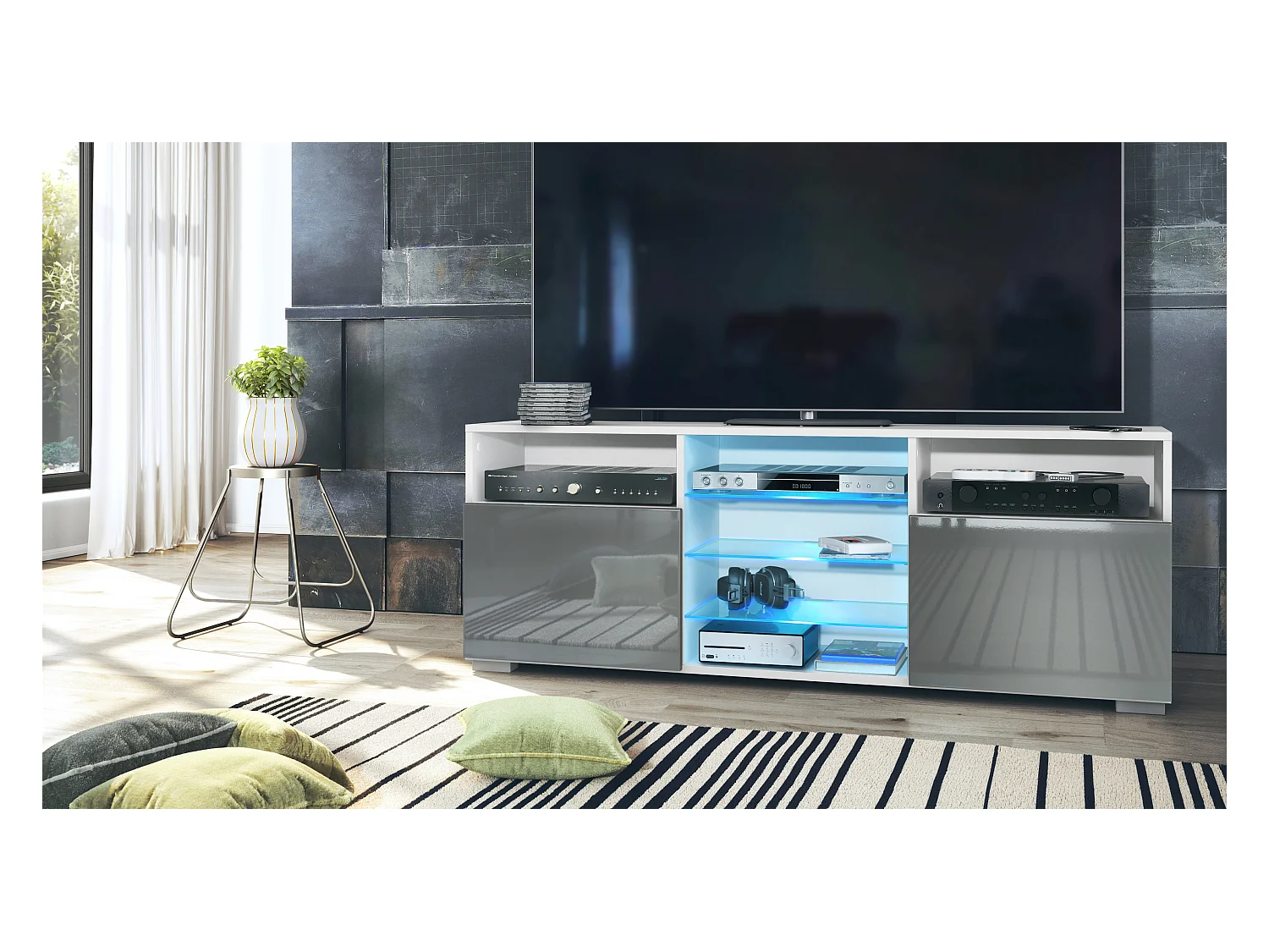 Meuble TV Granada, Lowboard avec 2 portes et 6 compartiments ouverts, corps blanc mat, façades en gris haute brillance avec éclairage LED RVB (146 x 54 x 35 cm)