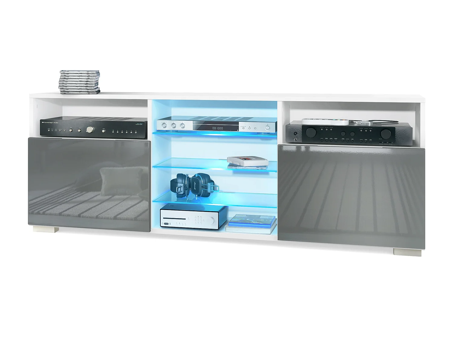 Meuble TV Granada, Lowboard avec 2 portes et 6 compartiments ouverts, corps blanc mat, façades en gris haute brillance avec éclairage LED RVB (146 x 54 x 35 cm)