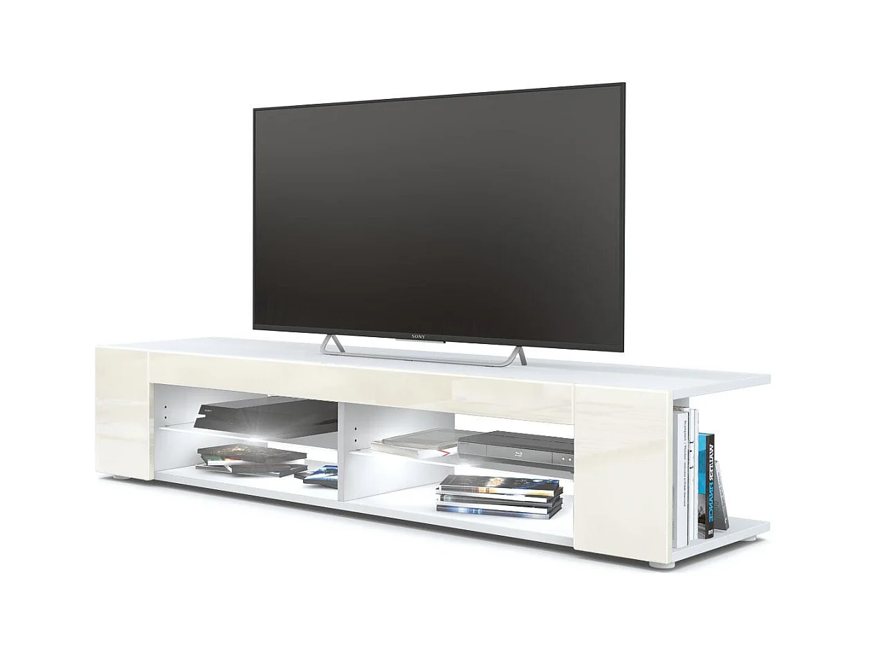 Buffet bas Movie, Meuble TV avec 4 compartiments ouverts et placages décoratifs, Blanc mat/Crème brillant, éclairage LED blanc inclus (134 x 29 x 39 cm)