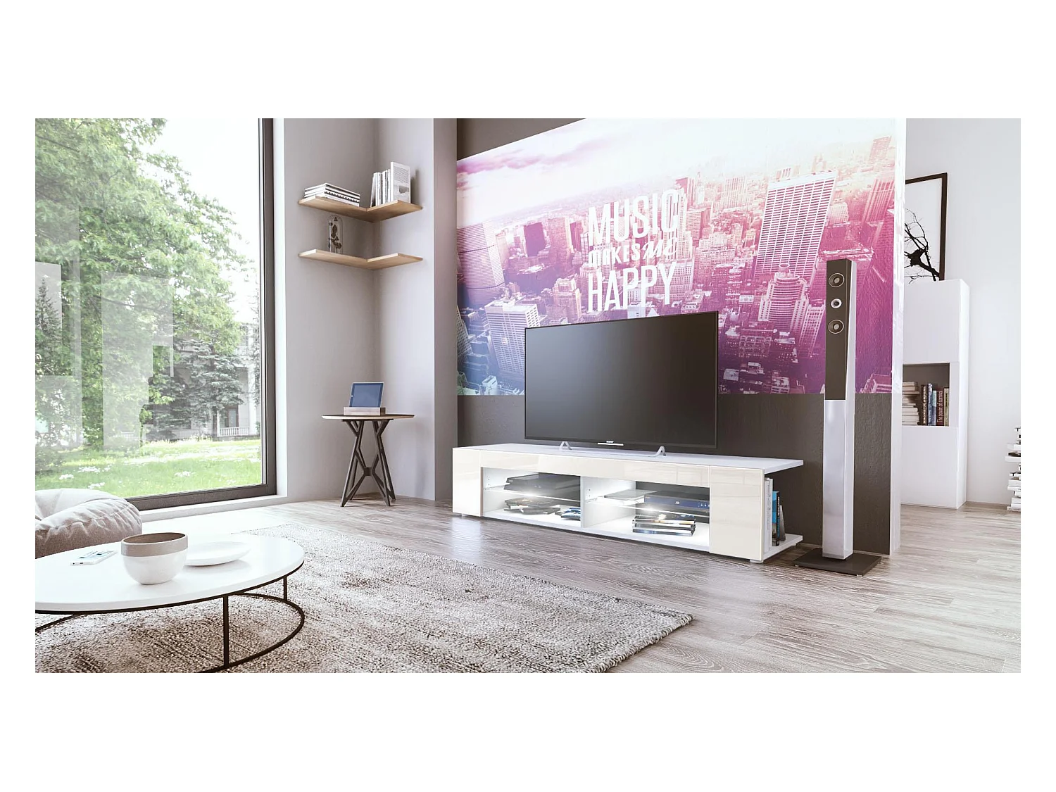 Buffet bas Movie, Meuble TV avec 4 compartiments ouverts et placages décoratifs, Blanc mat/Crème brillant, éclairage LED blanc inclus (134 x 29 x 39 cm)