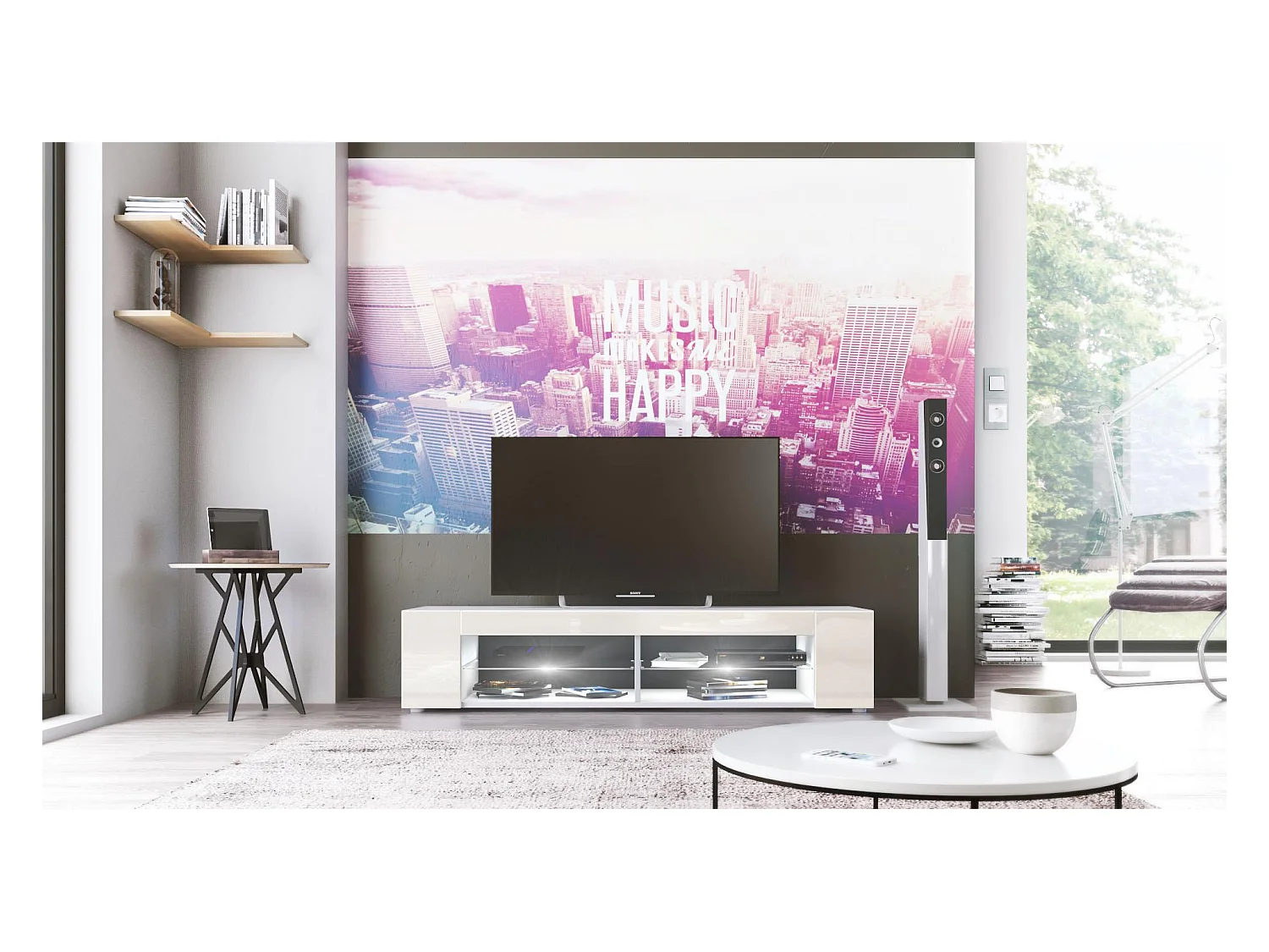 Buffet bas Movie, Meuble TV avec 4 compartiments ouverts et placages décoratifs, Blanc mat/Crème brillant, éclairage LED blanc inclus (134 x 29 x 39 cm)