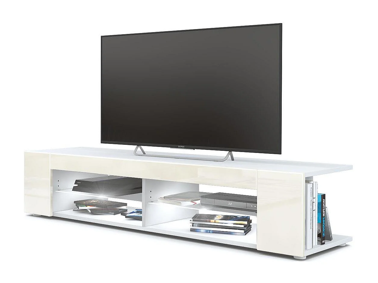 Buffet bas Movie, Meuble TV avec 4 compartiments ouverts et placages décoratifs, Blanc mat/Crème brillant, éclairage LED blanc inclus (134 x 29 x 39 cm)
