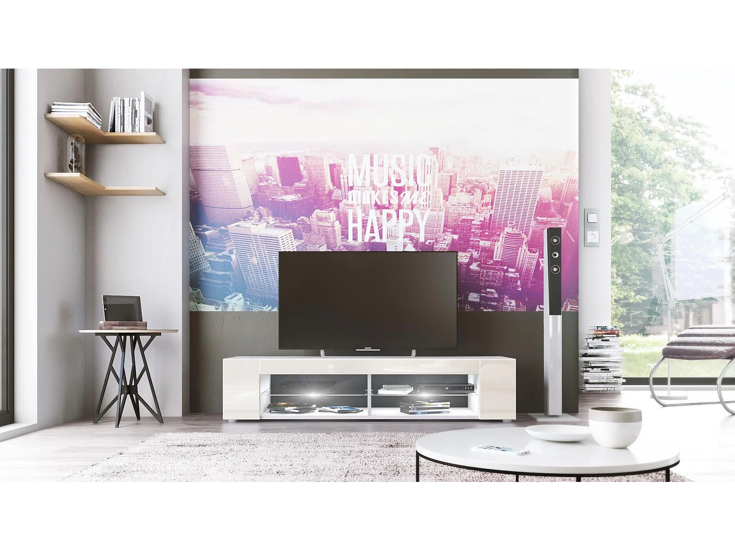 Buffet bas Movie, Meuble TV avec 4 compartiments ouverts et placages décoratifs, Blanc mat/Crème brillant, éclairage LED blanc inclus (134 x 29 x 39 cm)