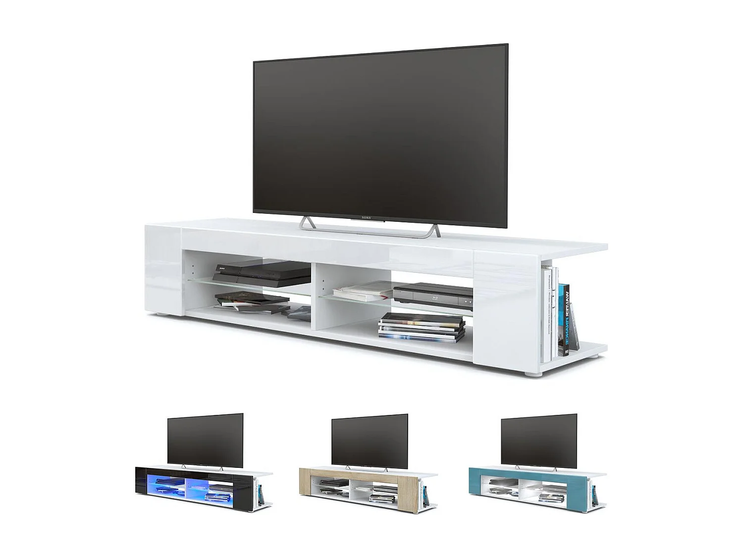 Buffet bas Movie, Meuble TV avec 4 compartiments ouverts et placages décoratifs, Blanc mat/Crème brillant, éclairage LED blanc inclus (134 x 29 x 39 cm)