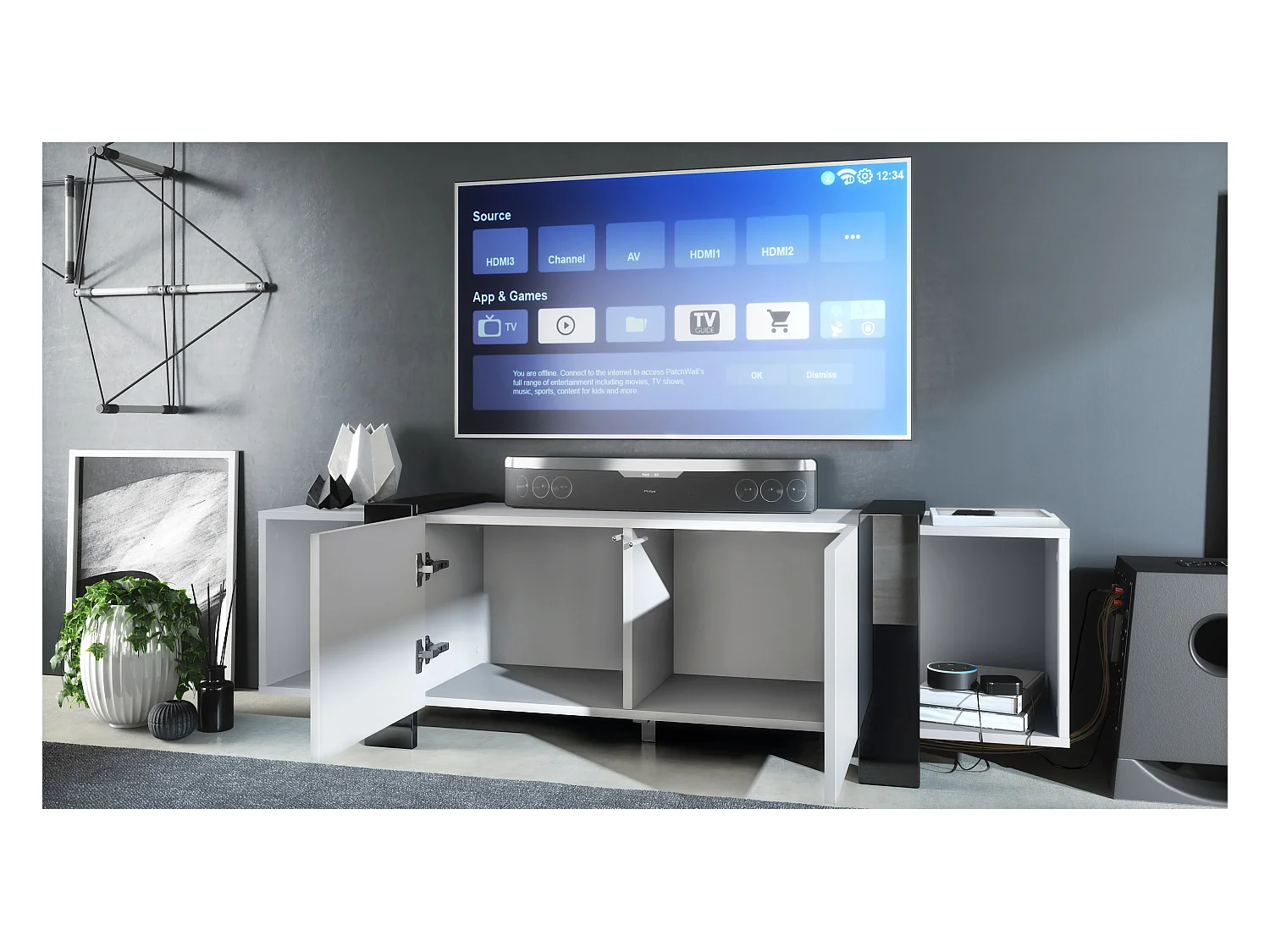 Lowboard Ida 149 x 45,5 x 34 cm Buffet TV avec 4 compartiments et portes PTO, caisson en blanc mat, façades en Blanc brillant | Grand choix de couleurs